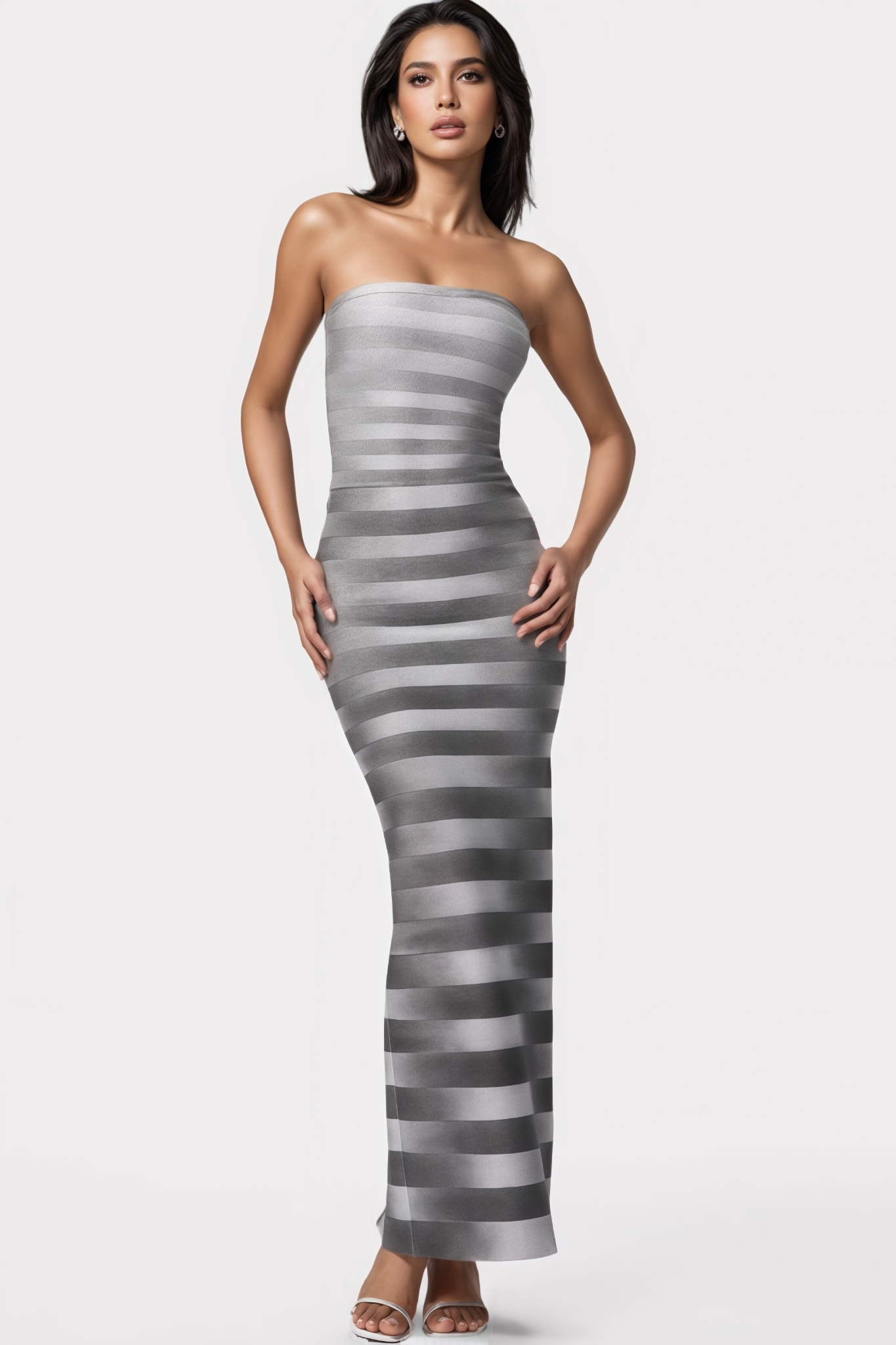 Elgeat Striped Strapless Bandage Maxi Dress