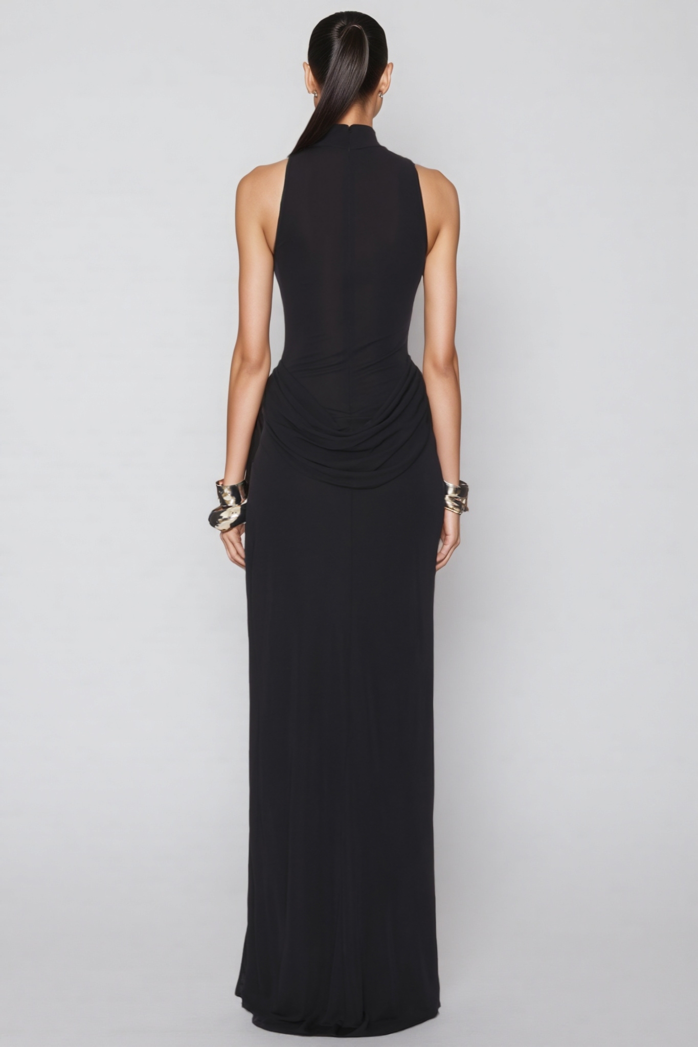Balius Black Backless Pleated Slit Maxi Dress