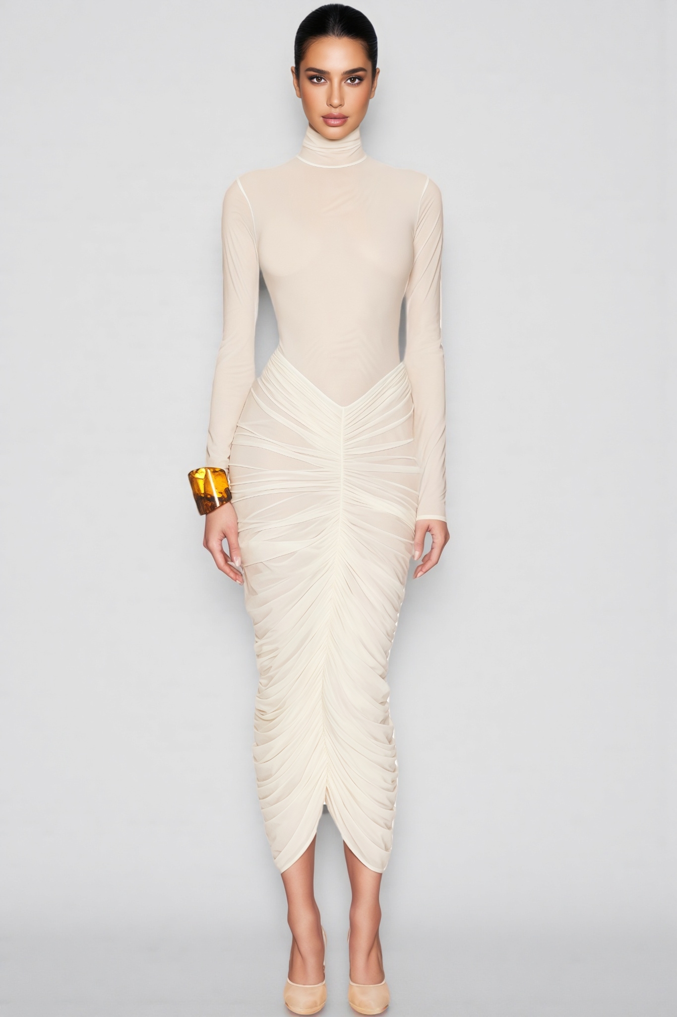 Berlin Long Sleeve Pleated Mesh Maxi Dress