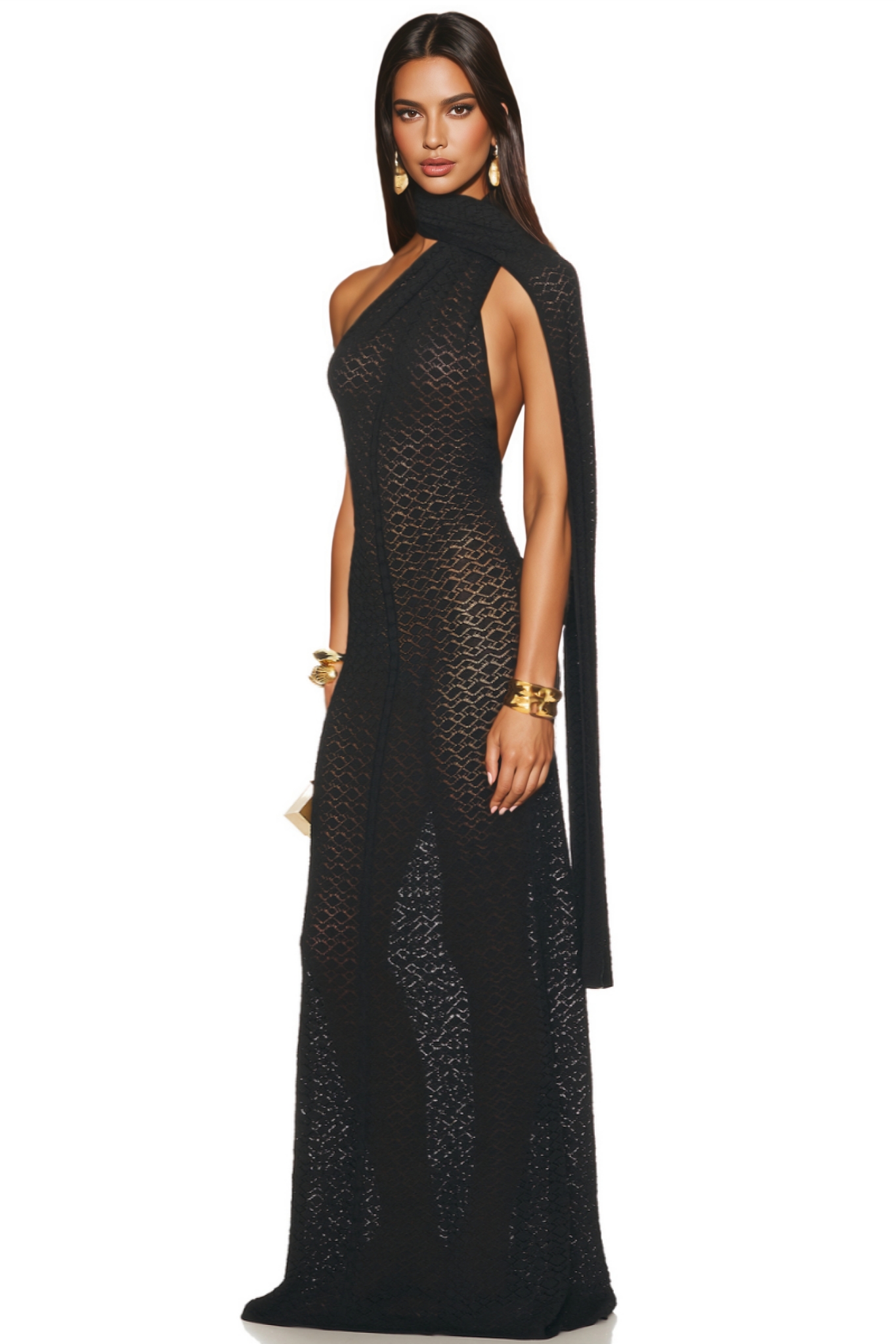 Haka Black Shawl Collar Hollow Out Maxi Dress