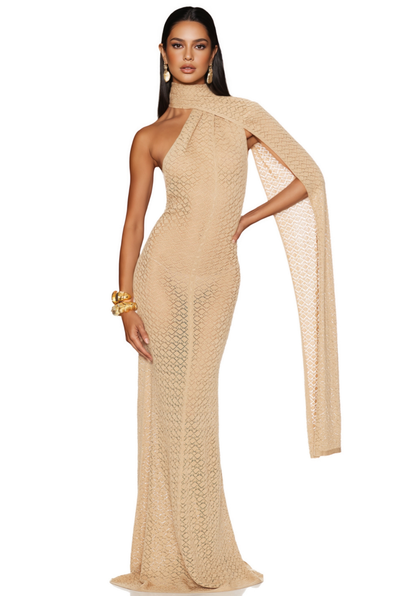 Aevorix Beige Shawl Collar Hollow Out Maxi Dress