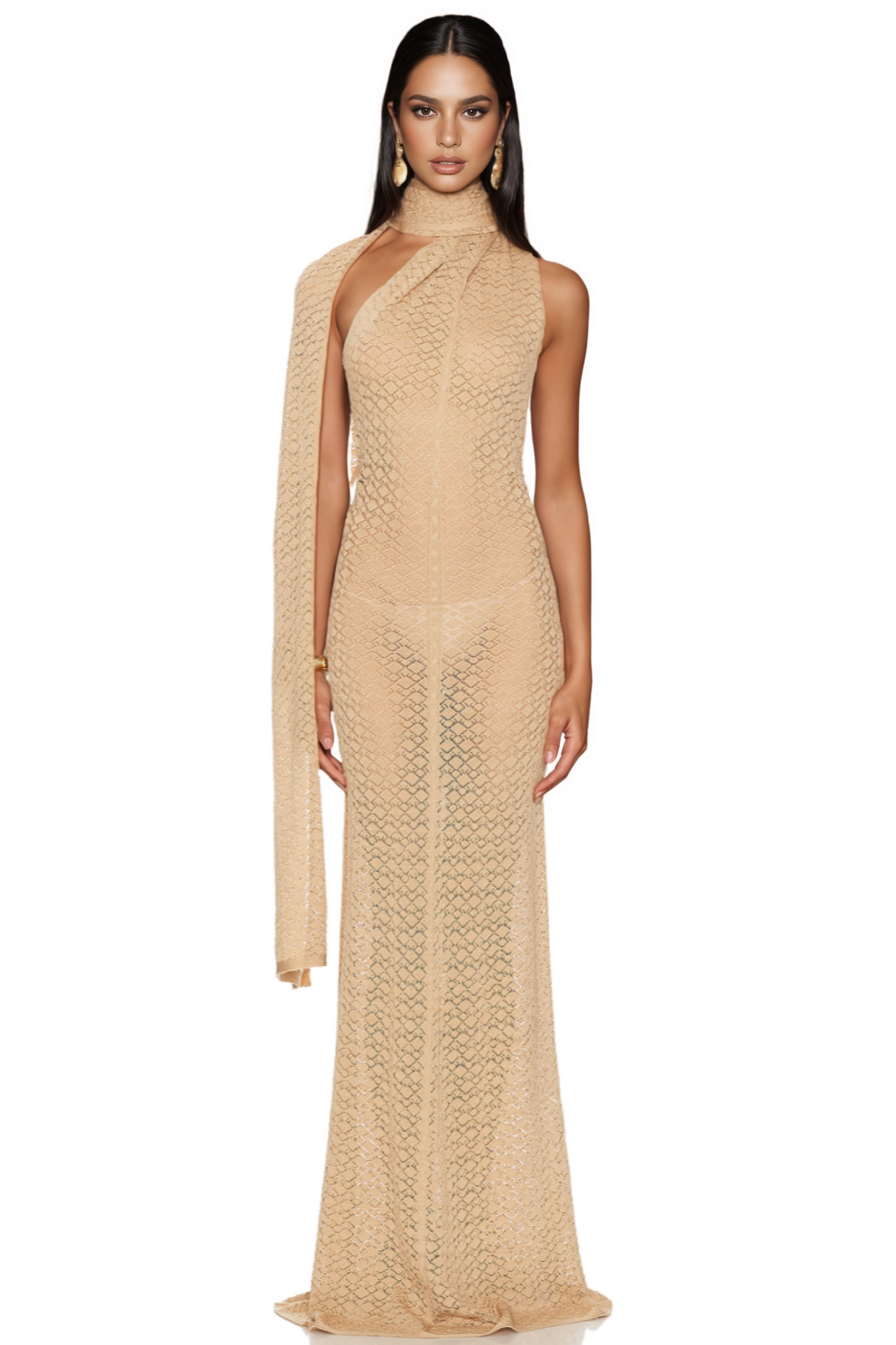 Aevorix Beige Shawl Collar Hollow Out Maxi Dress