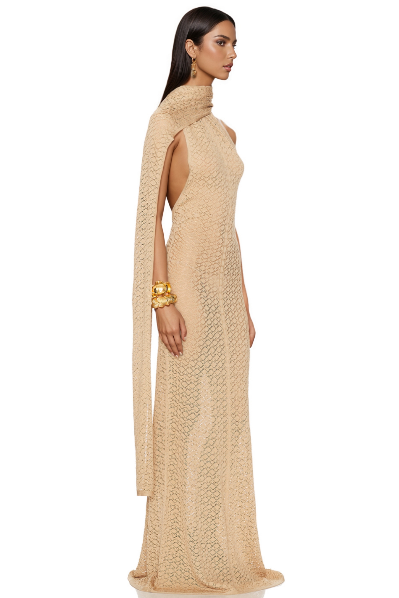 Aevorix Beige Shawl Collar Hollow Out Maxi Dress