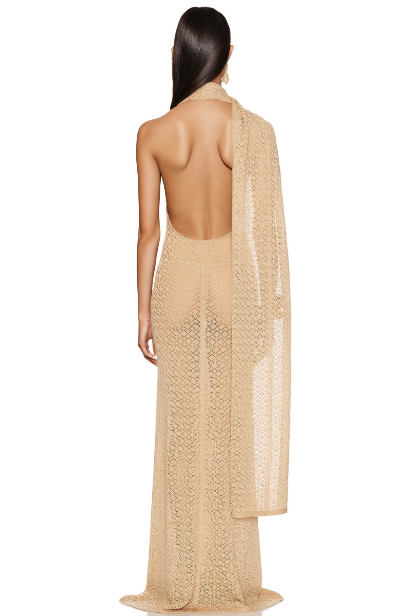 Aevorix Beige Shawl Collar Hollow Out Maxi Dress