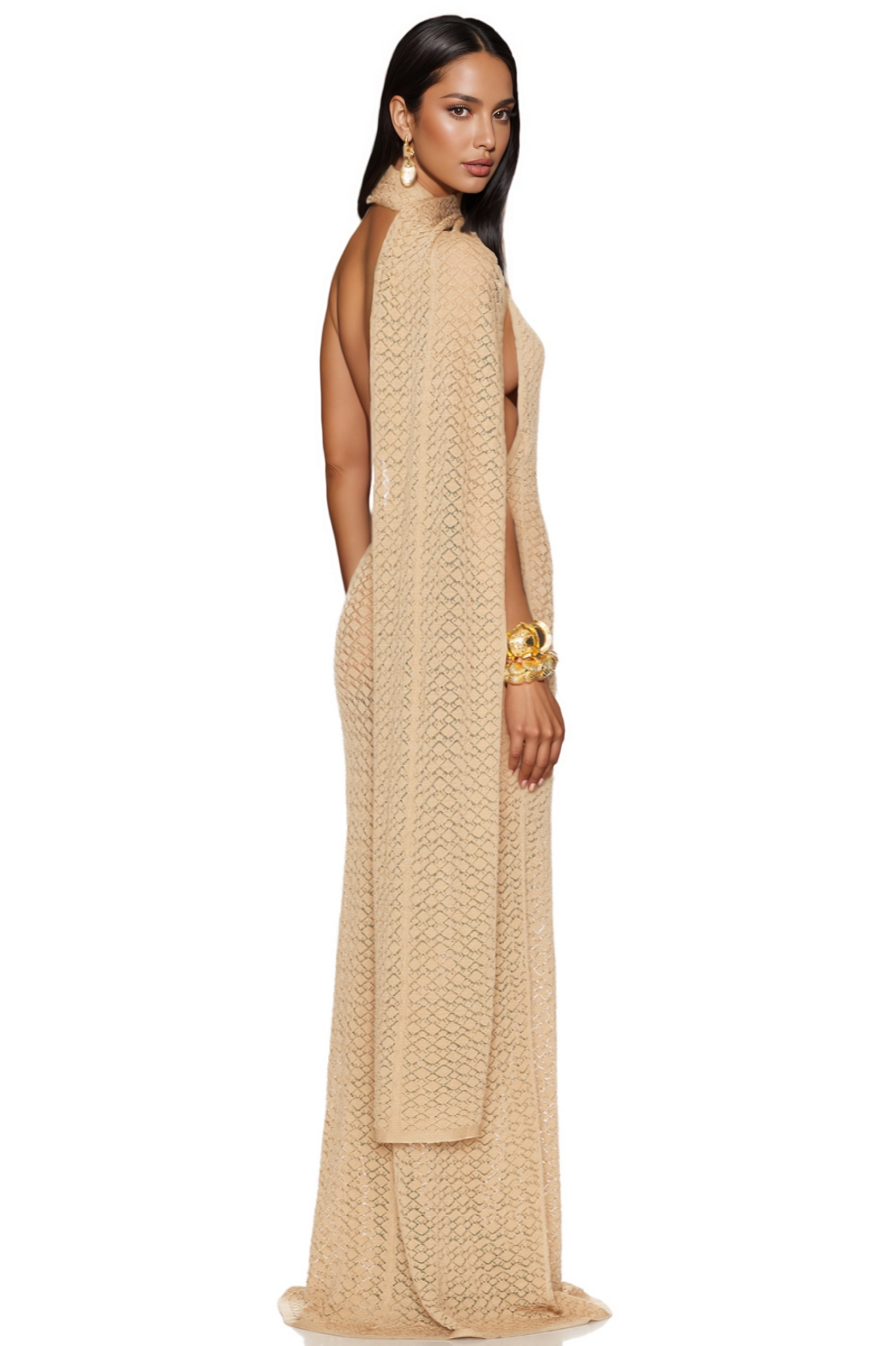 Aevorix Beige Shawl Collar Hollow Out Maxi Dress