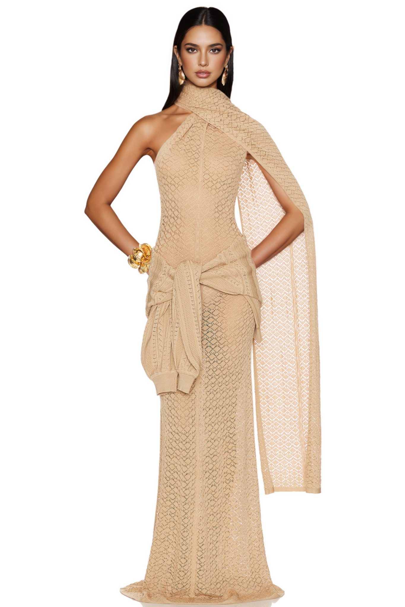 Aevorix Beige Shawl Collar Hollow Out Maxi Dress