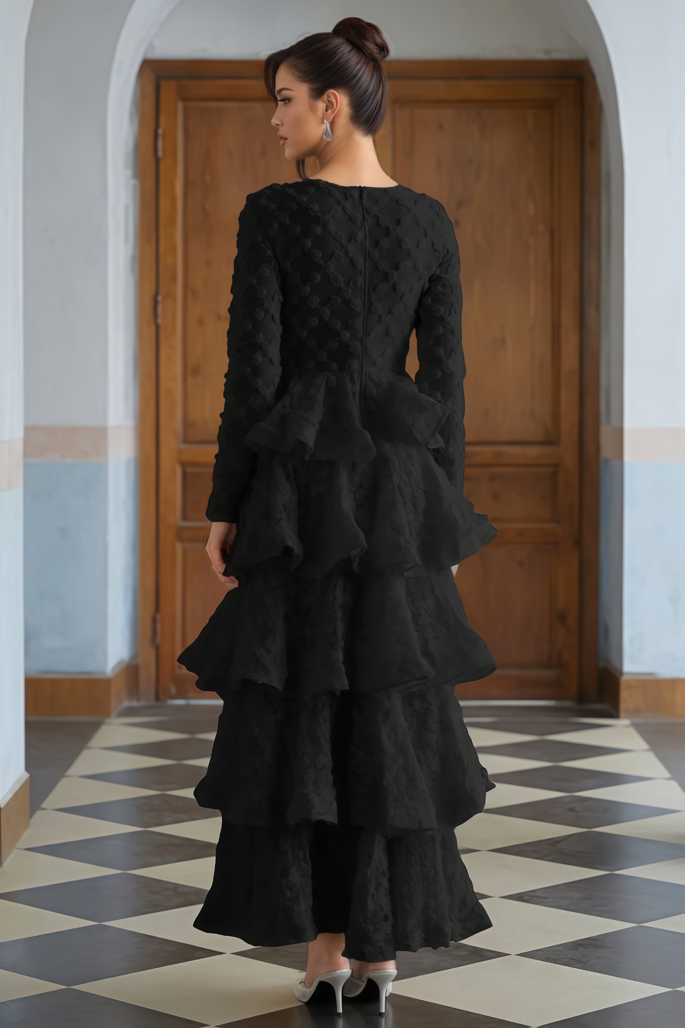 Myrick Black Tiered Floral Lace Maxi Dress