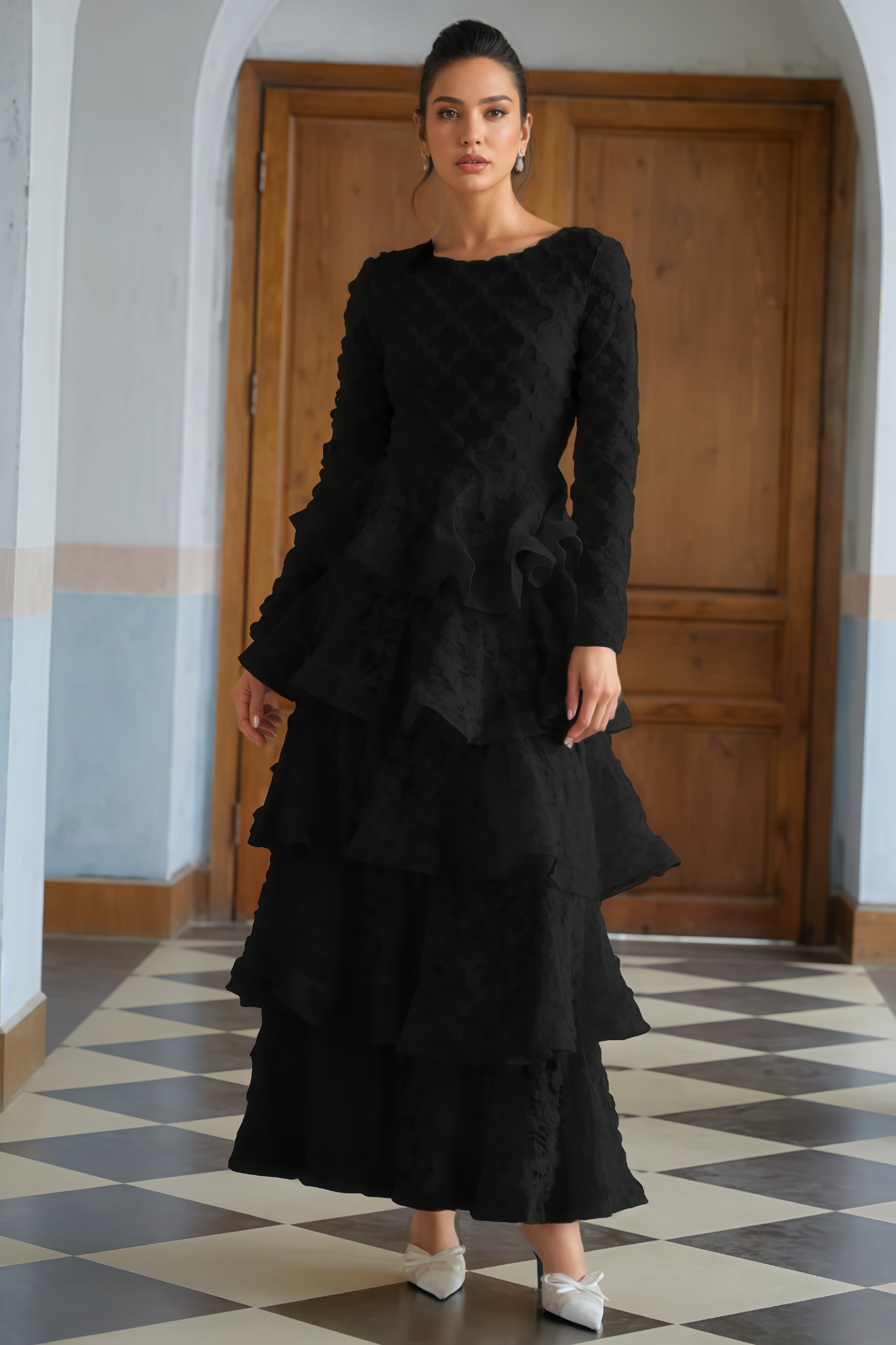 Myrick Black Tiered Floral Lace Maxi Dress