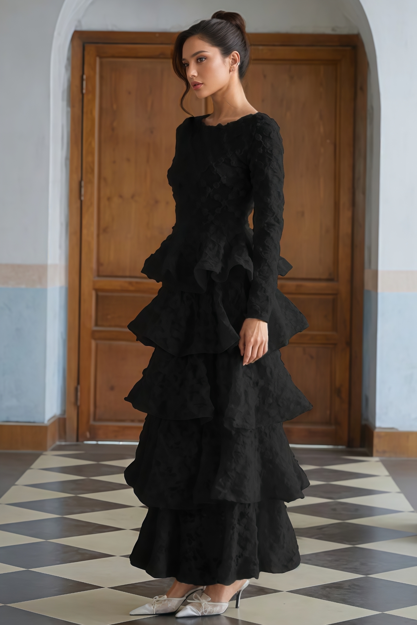 Myrick Black Tiered Floral Lace Maxi Dress