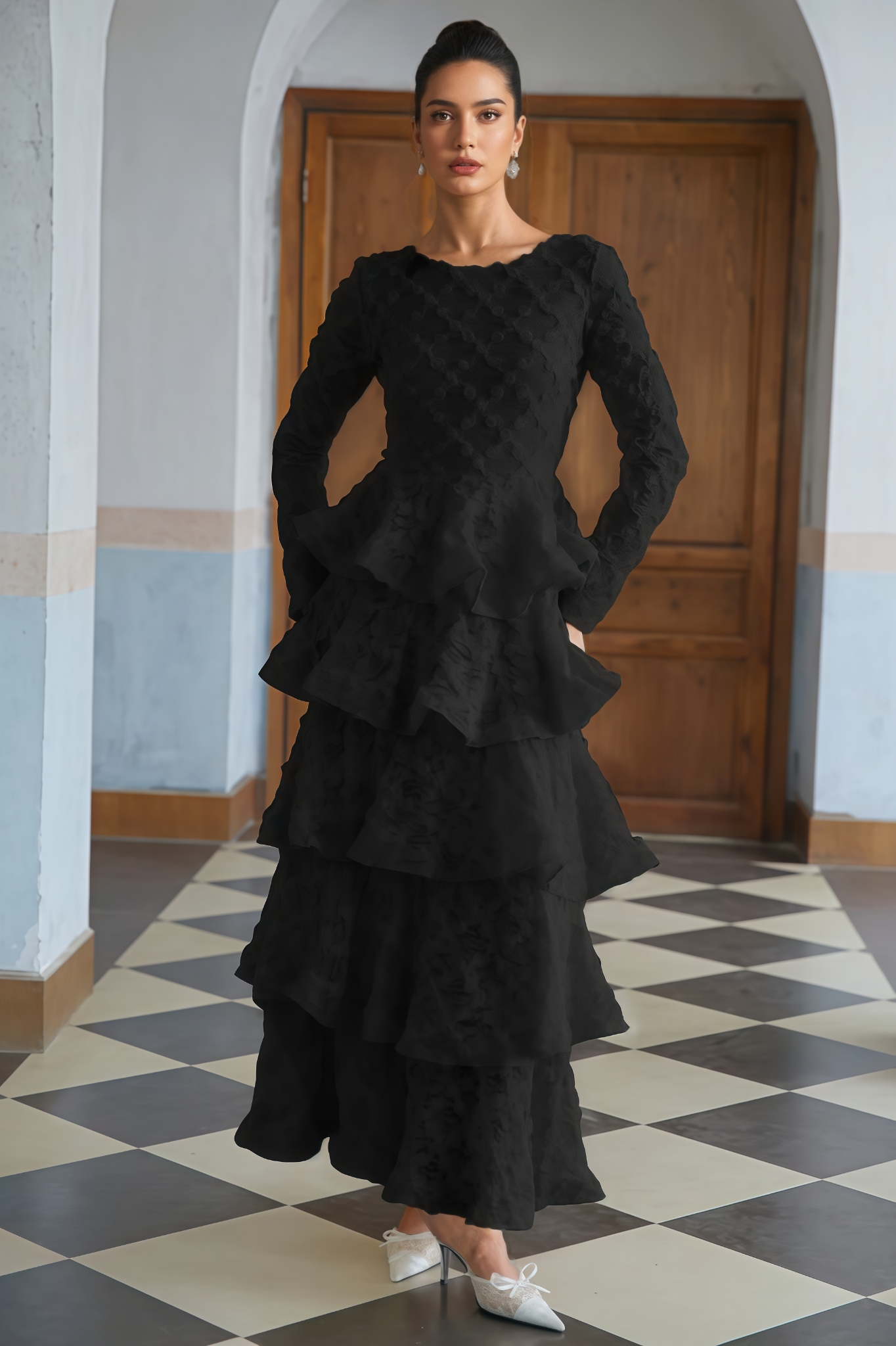 Myrick Black Tiered Floral Lace Maxi Dress