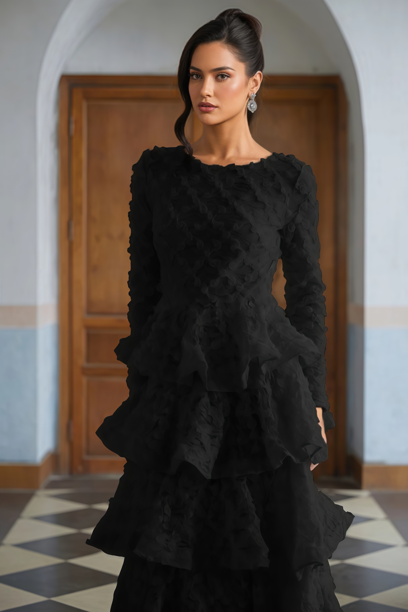 Myrick Black Tiered Floral Lace Maxi Dress
