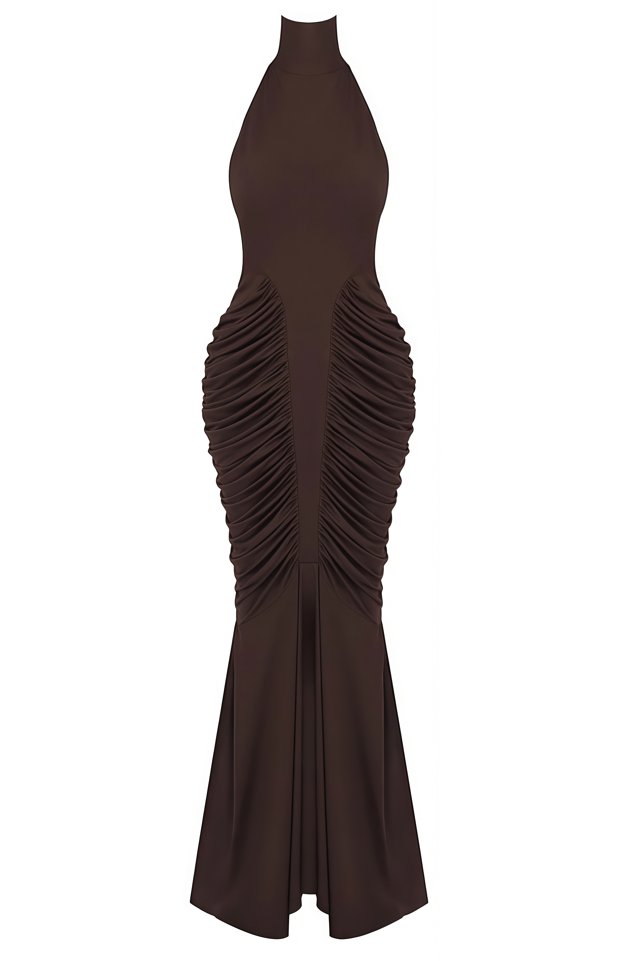Walilow Brown Halter Backless Gathered Maxi Dress