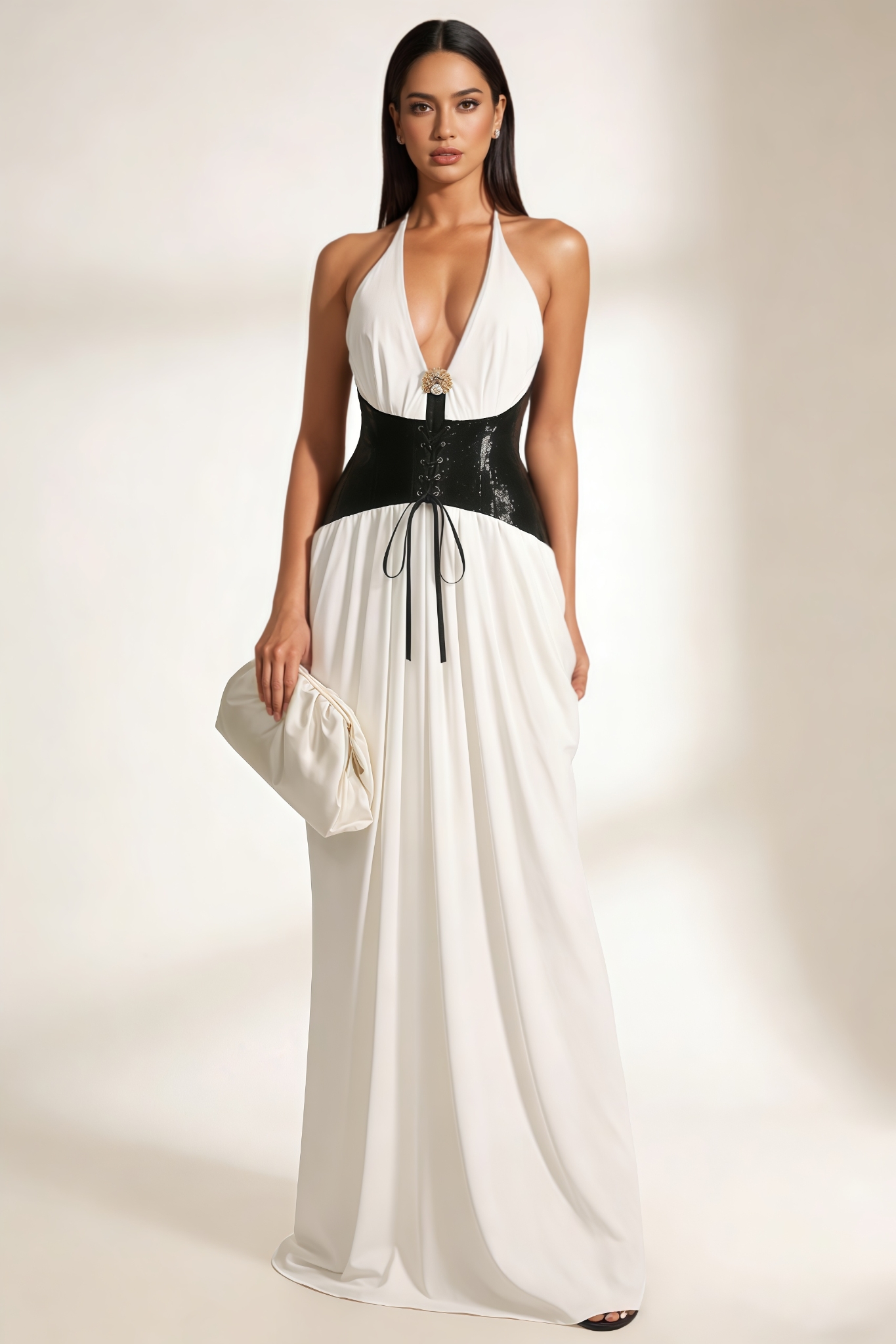 Gaelk Halter Neck Ruch Lace Up Maxi Dress