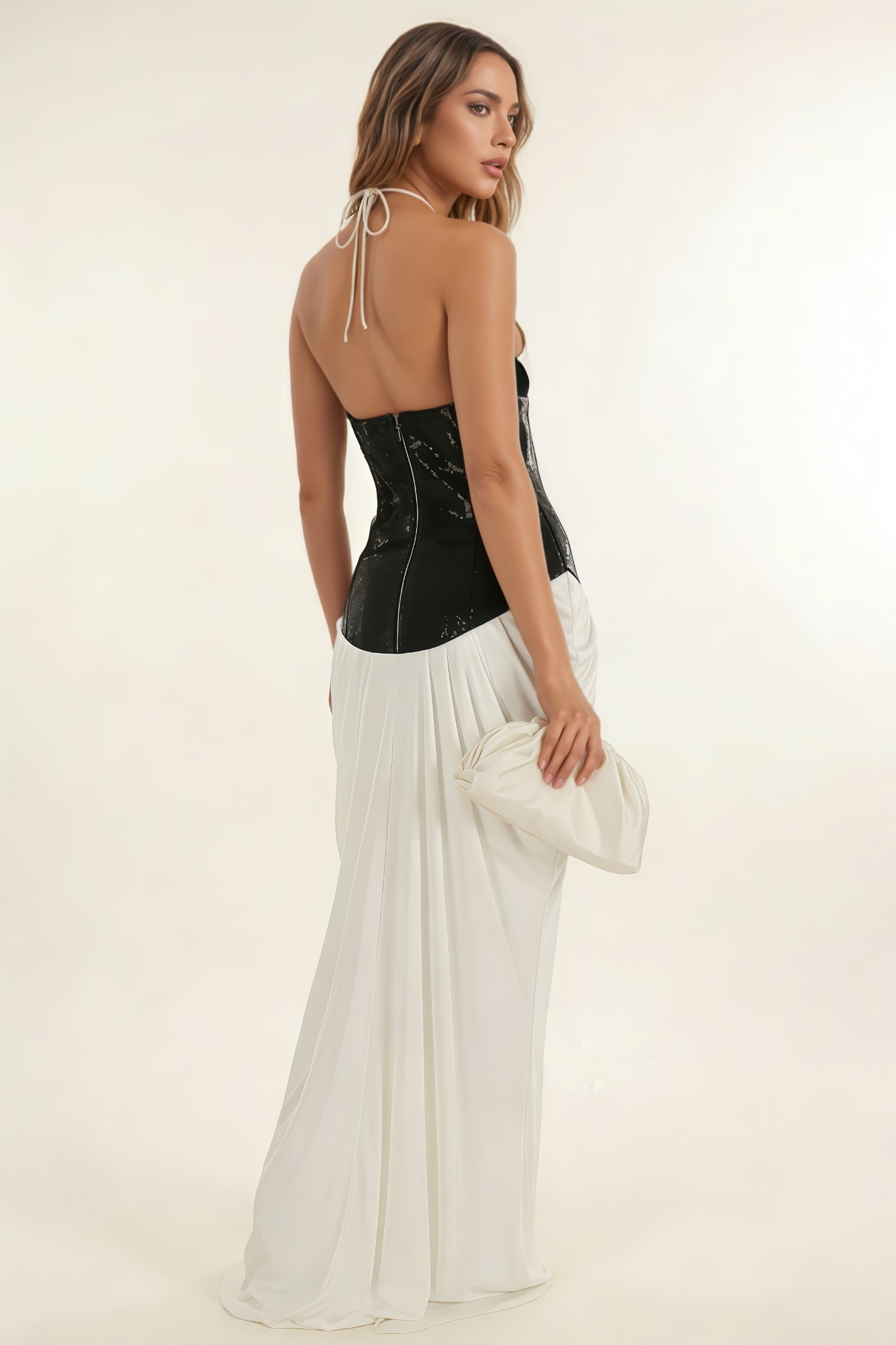 Gaelk Halter Neck Ruch Lace Up Maxi Dress