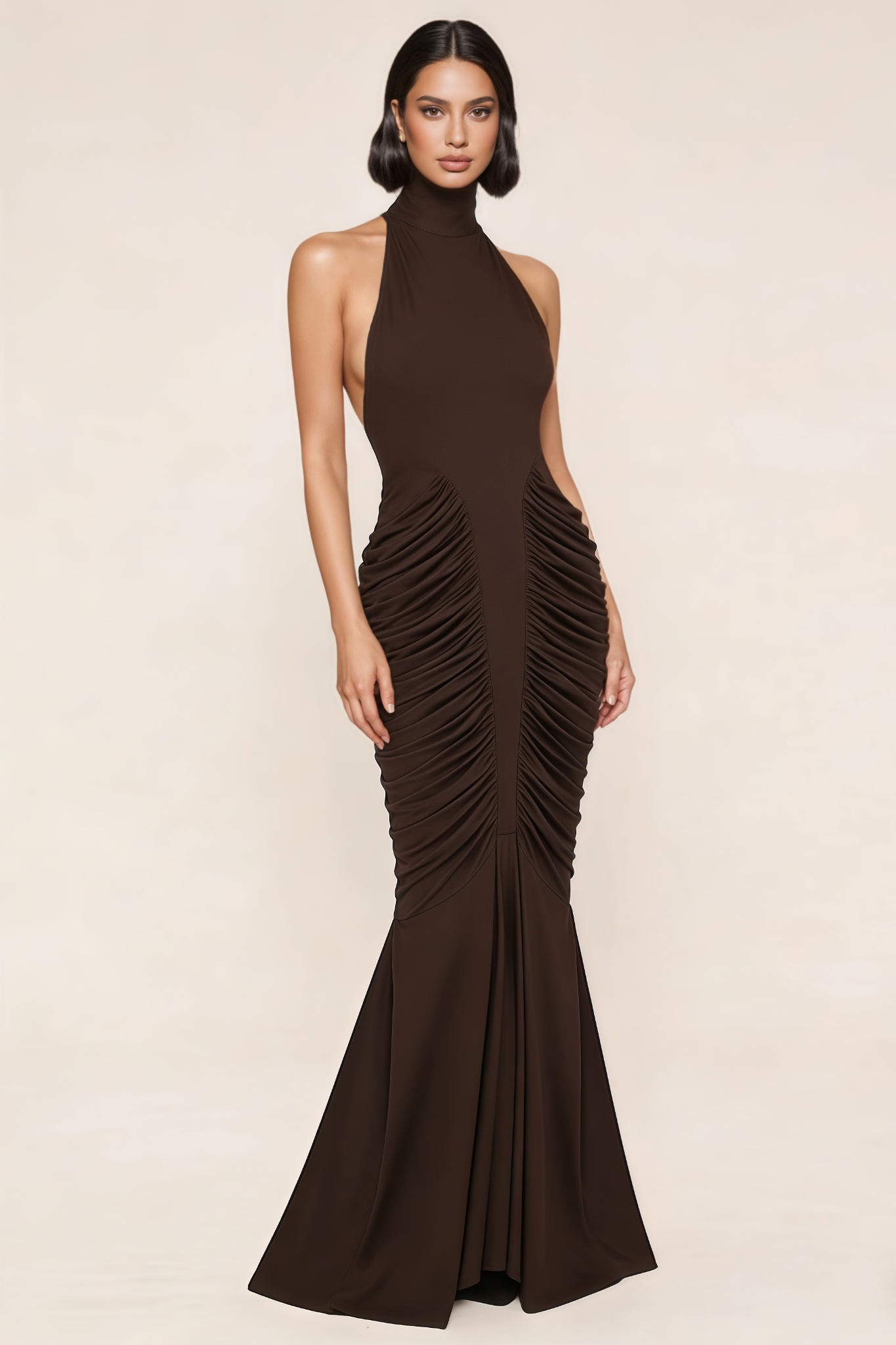 Walilow Brown Halter Backless Gathered Maxi Dress