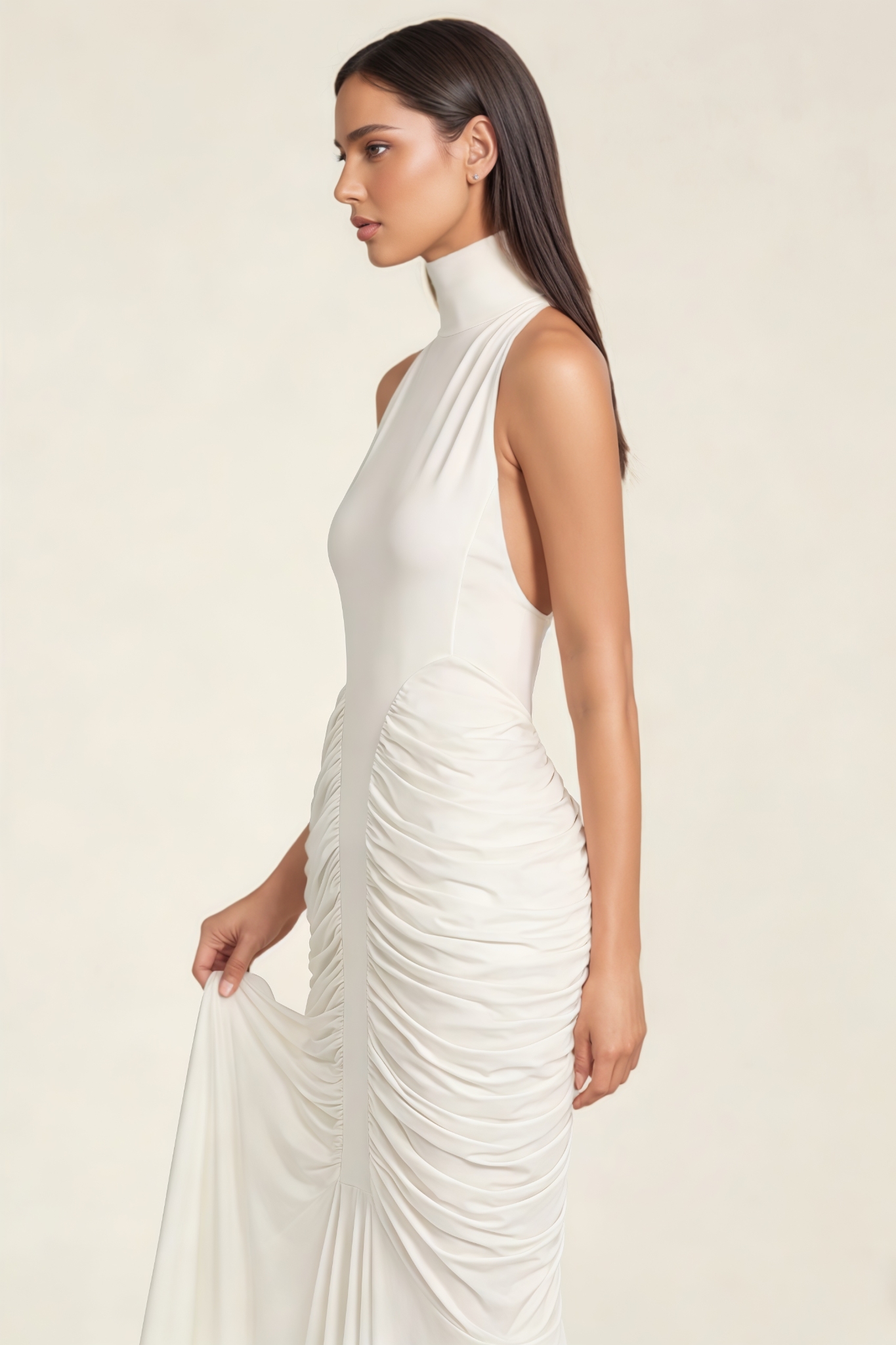 Lucket White Halter Backless Gathered Maxi Dress