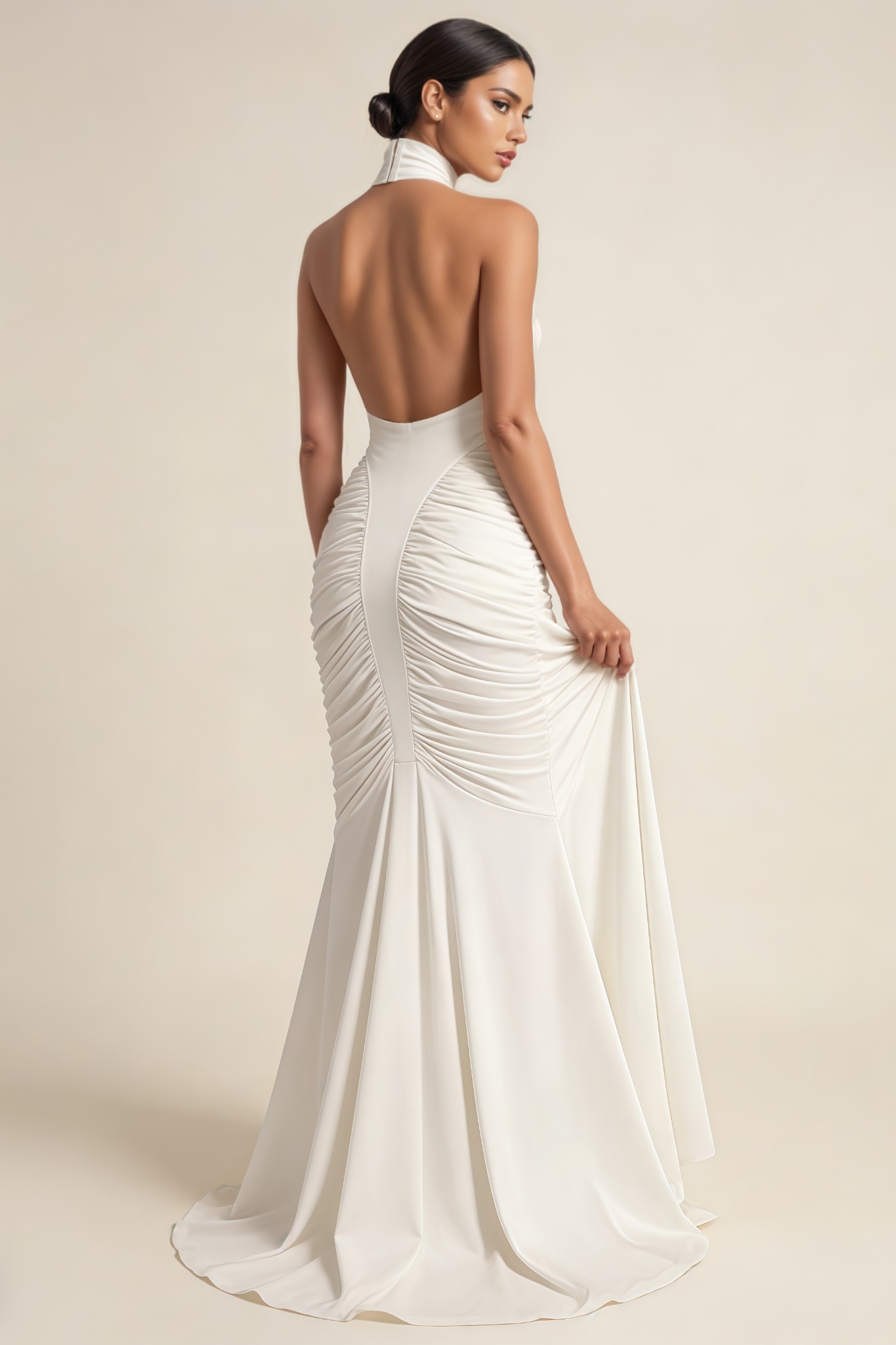 Lucket White Halter Backless Gathered Maxi Dress