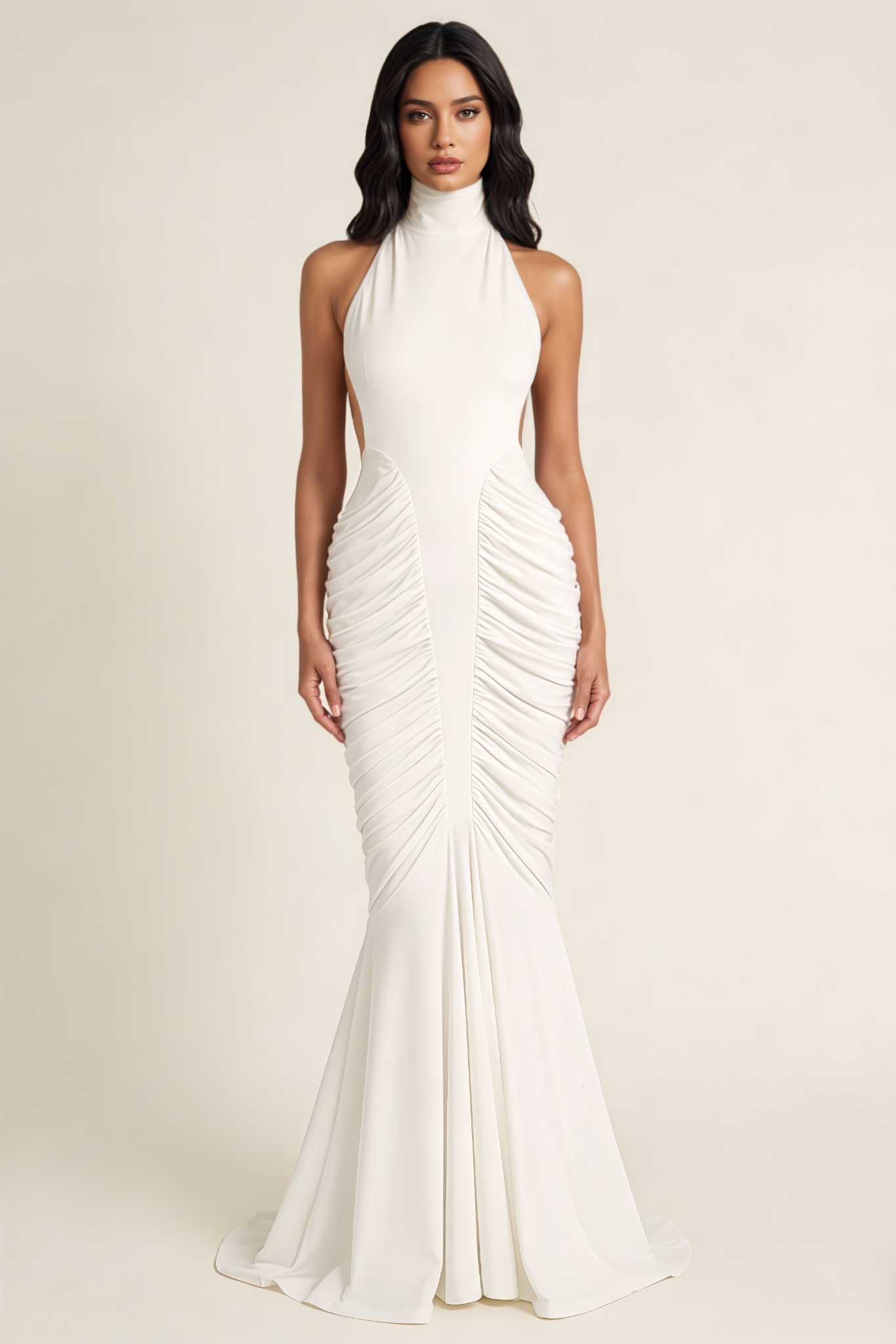 Lucket White Halter Backless Gathered Maxi Dress