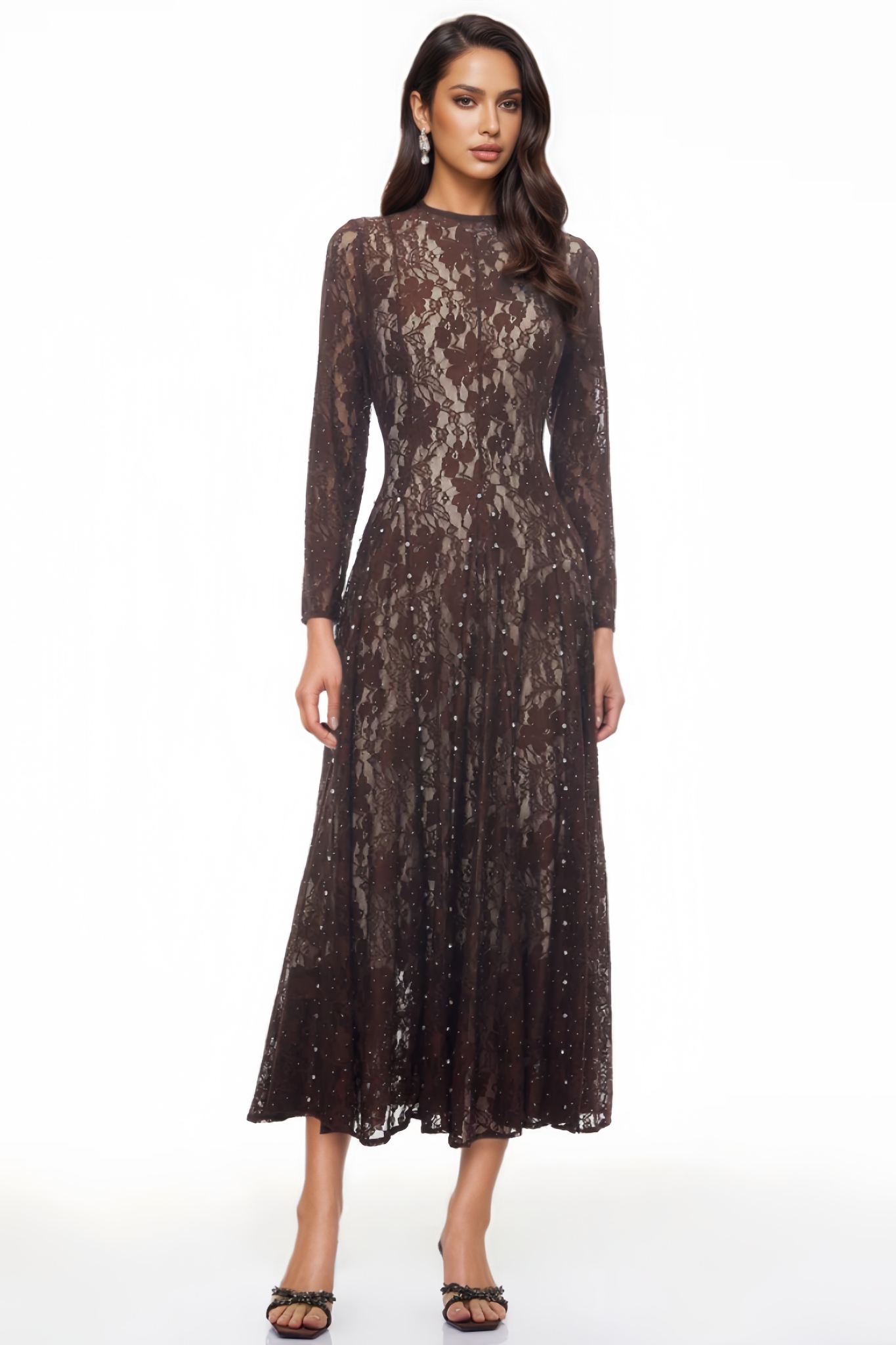 Wolien Brown Floral Lace Maxi Dress