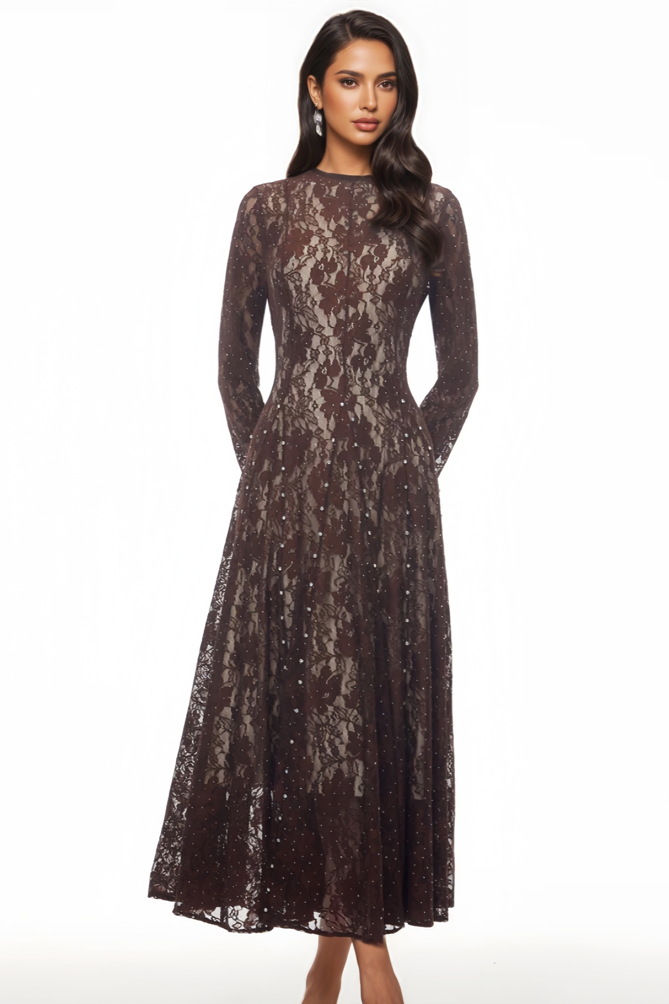 Wolien Brown Floral Lace Maxi Dress