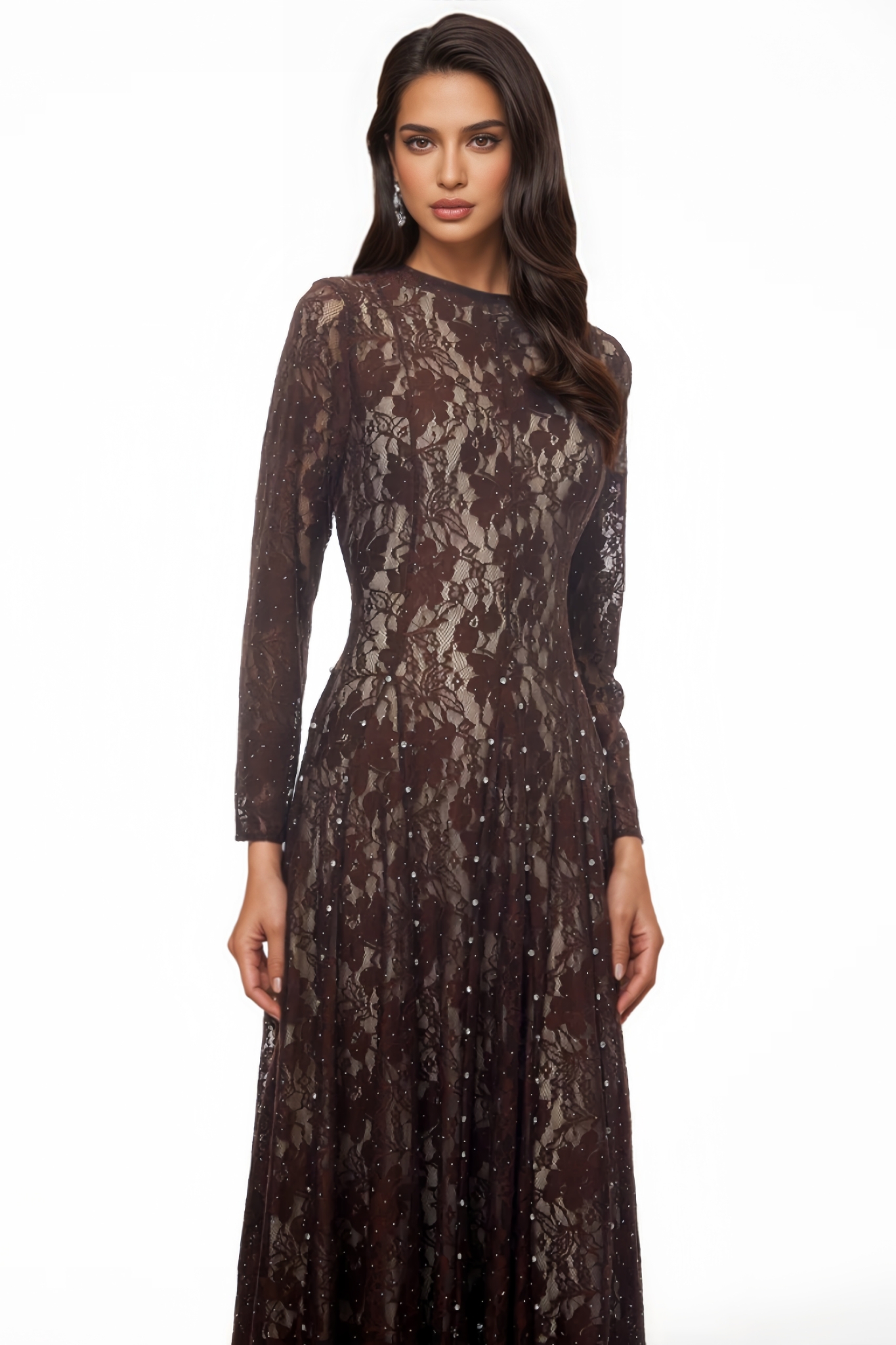 Wolien Brown Floral Lace Maxi Dress