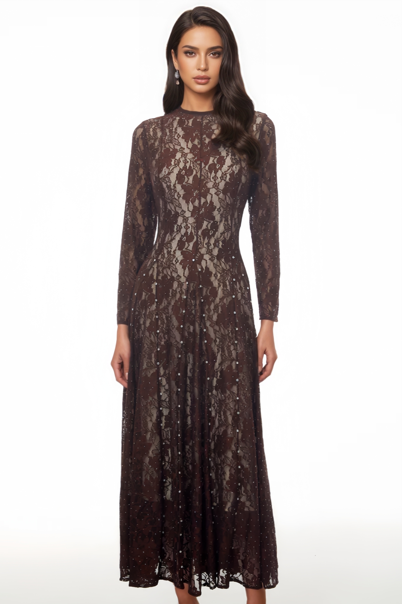 Wolien Brown Floral Lace Maxi Dress