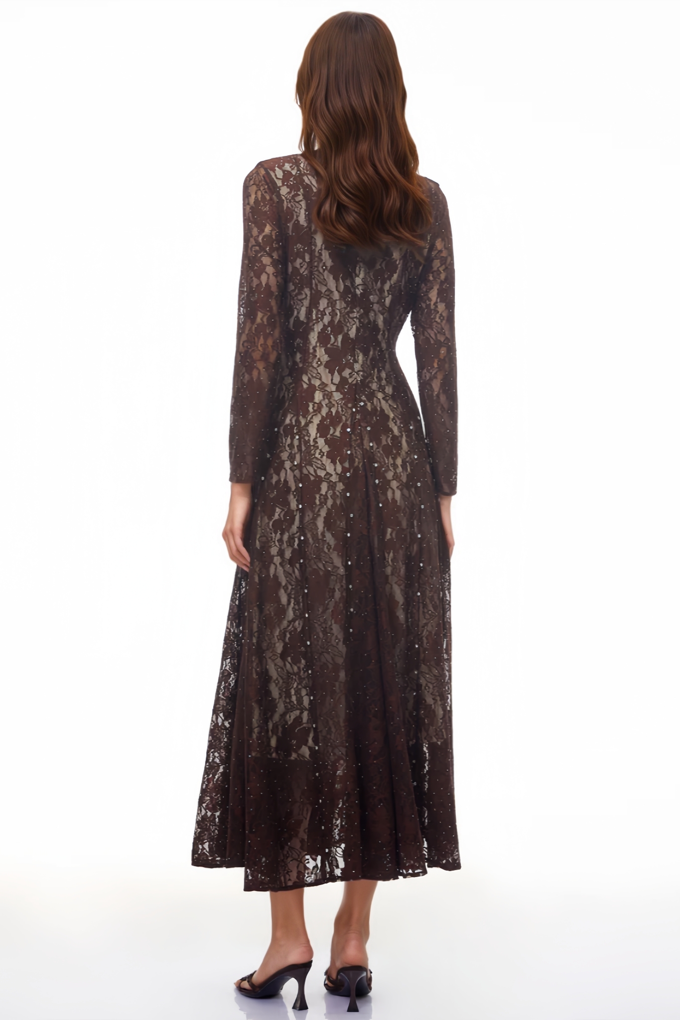 Wolien Brown Floral Lace Maxi Dress