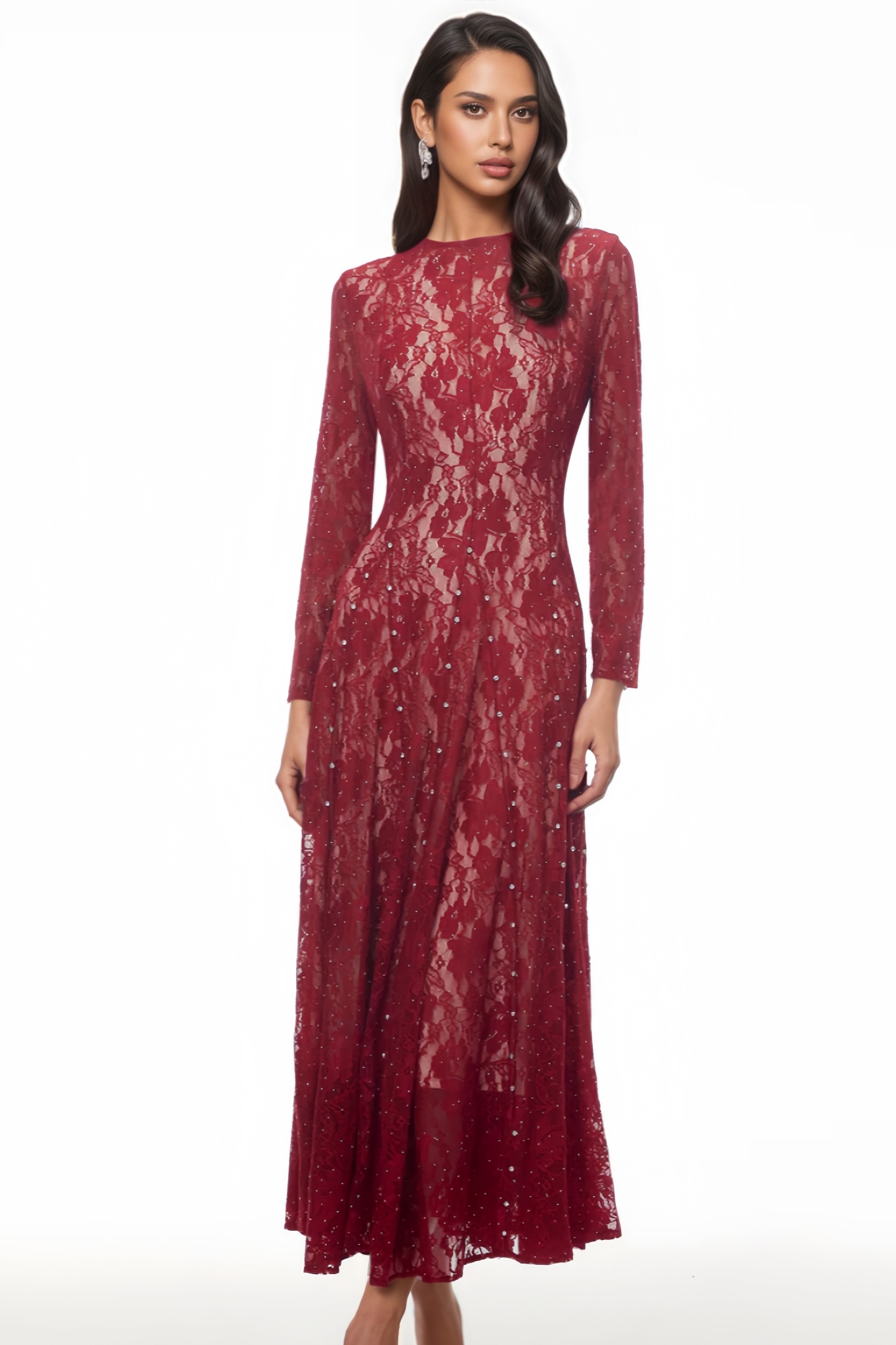Isballe Red Floral Lace Maxi Dress