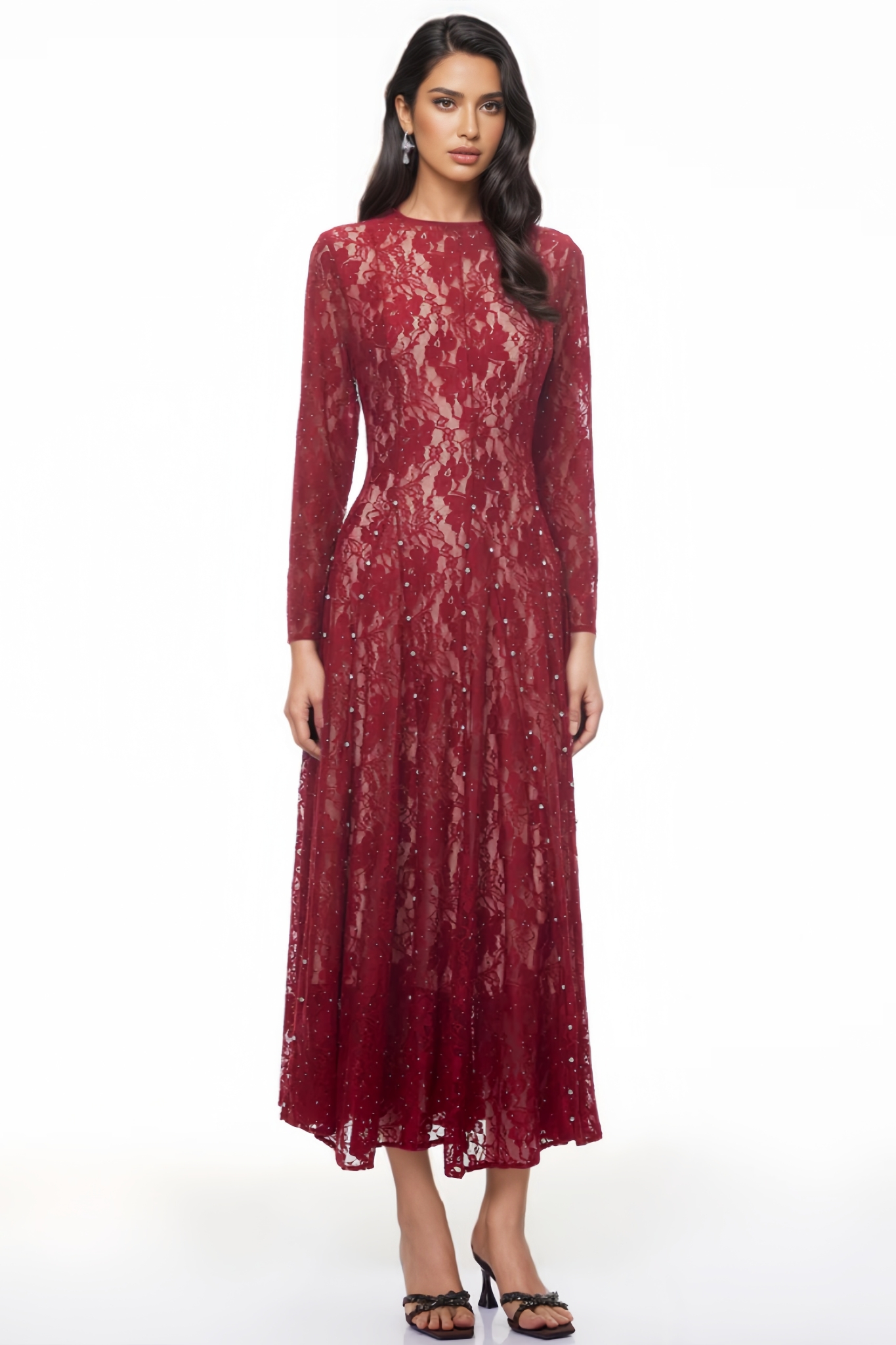 Isballe Red Floral Lace Maxi Dress