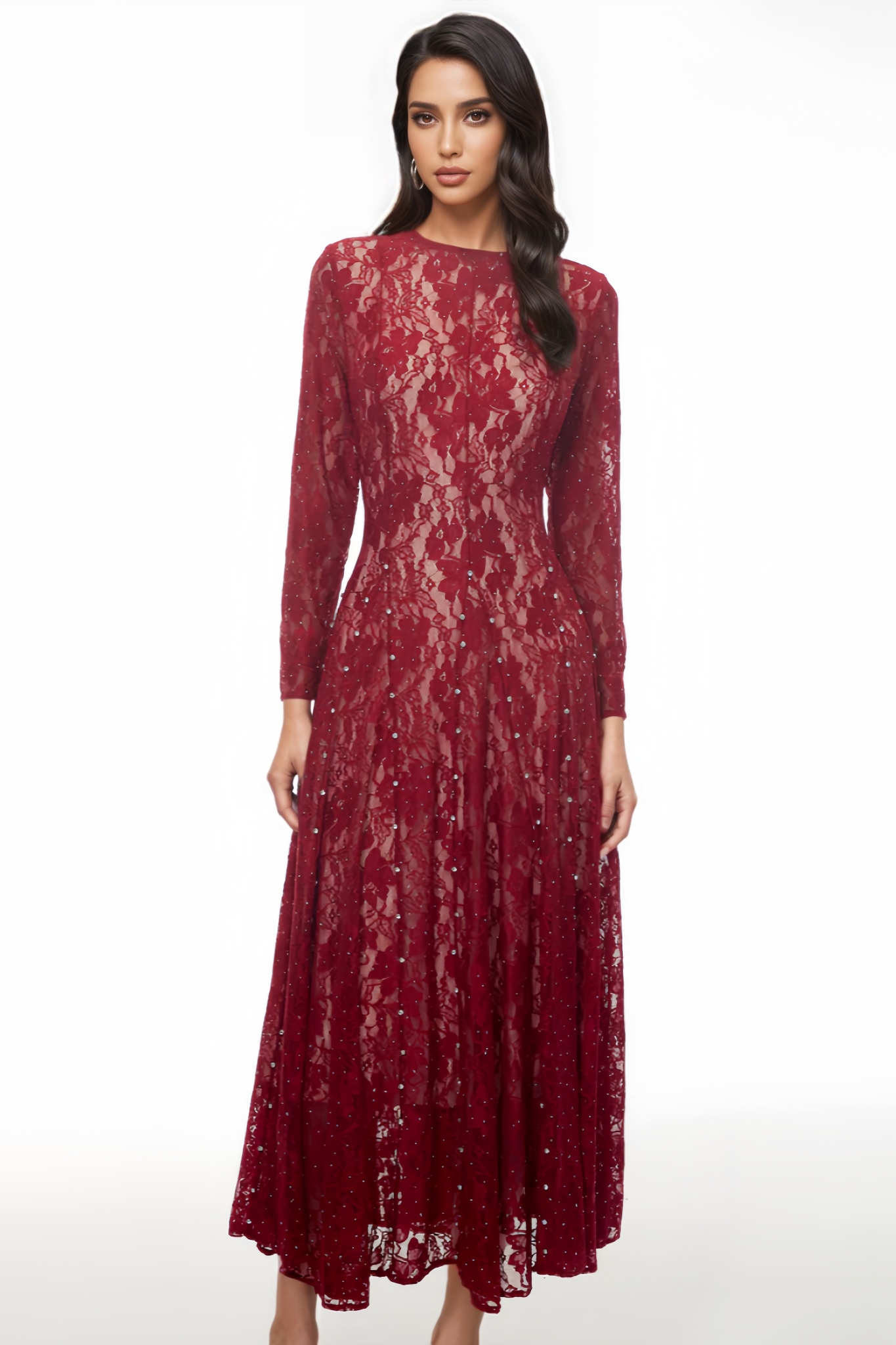 Isballe Red Floral Lace Maxi Dress