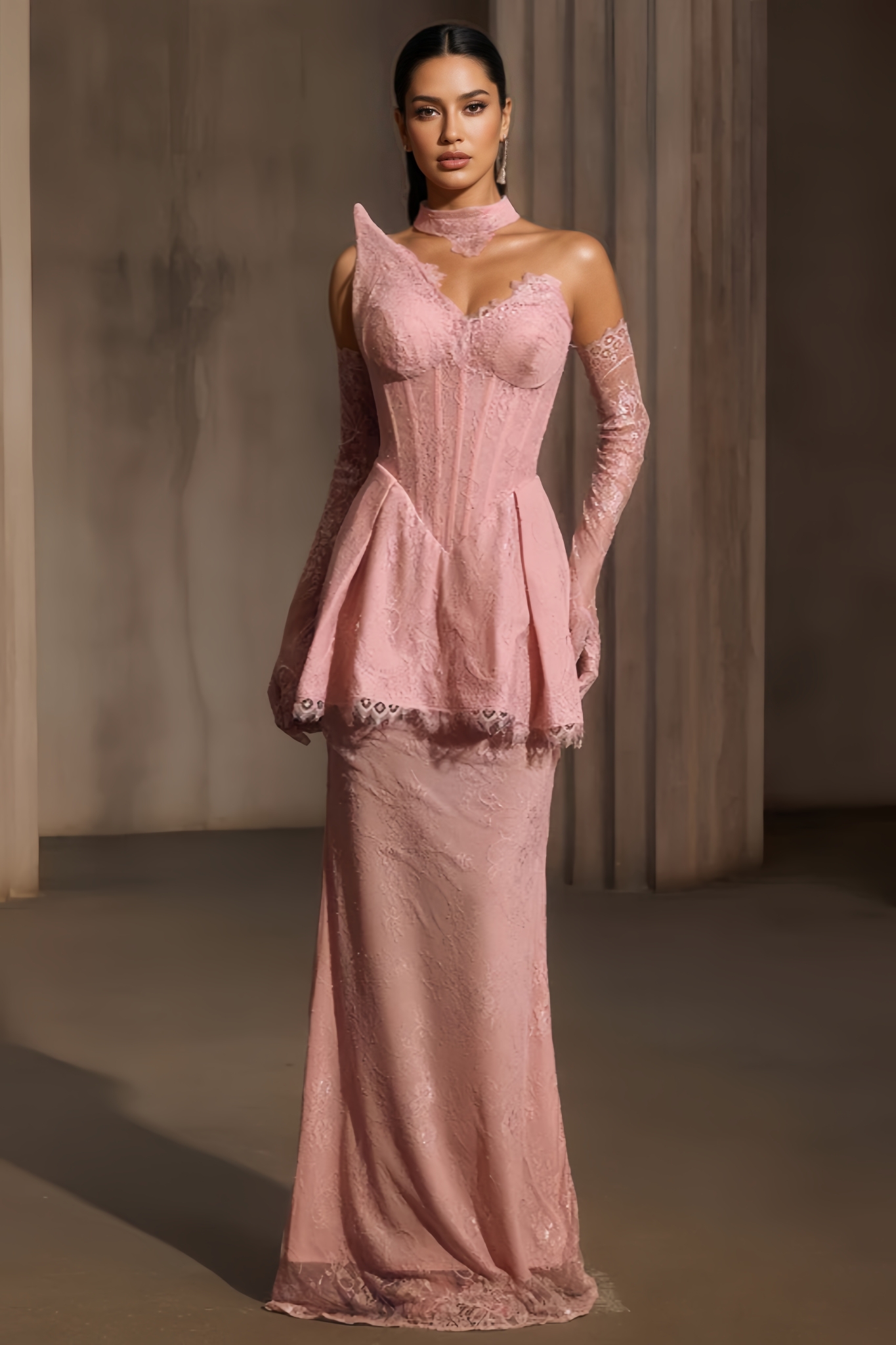 Thonse Pink Mesh Lace Maxi Dress 