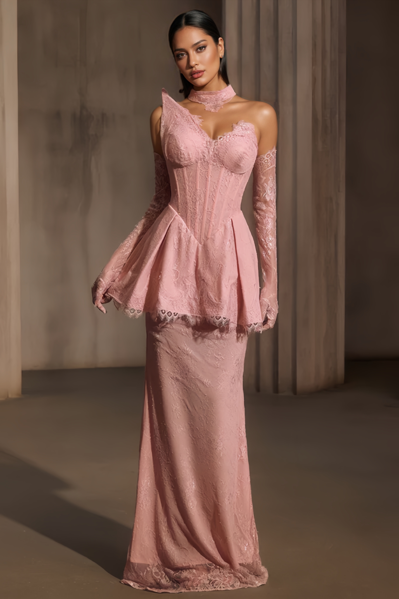 Thonse Pink Mesh Lace Maxi Dress 