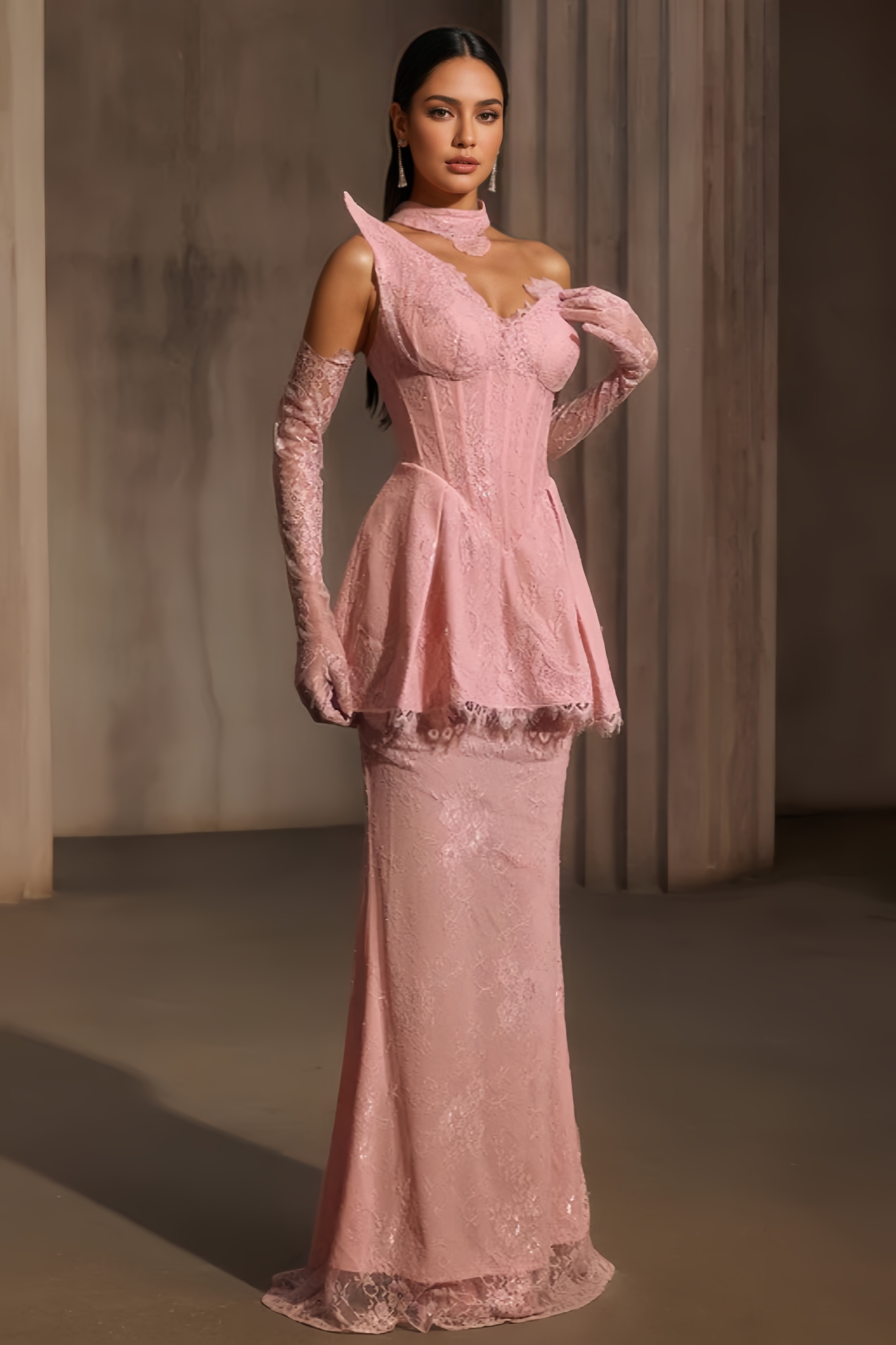 Thonse Pink Mesh Lace Maxi Dress 