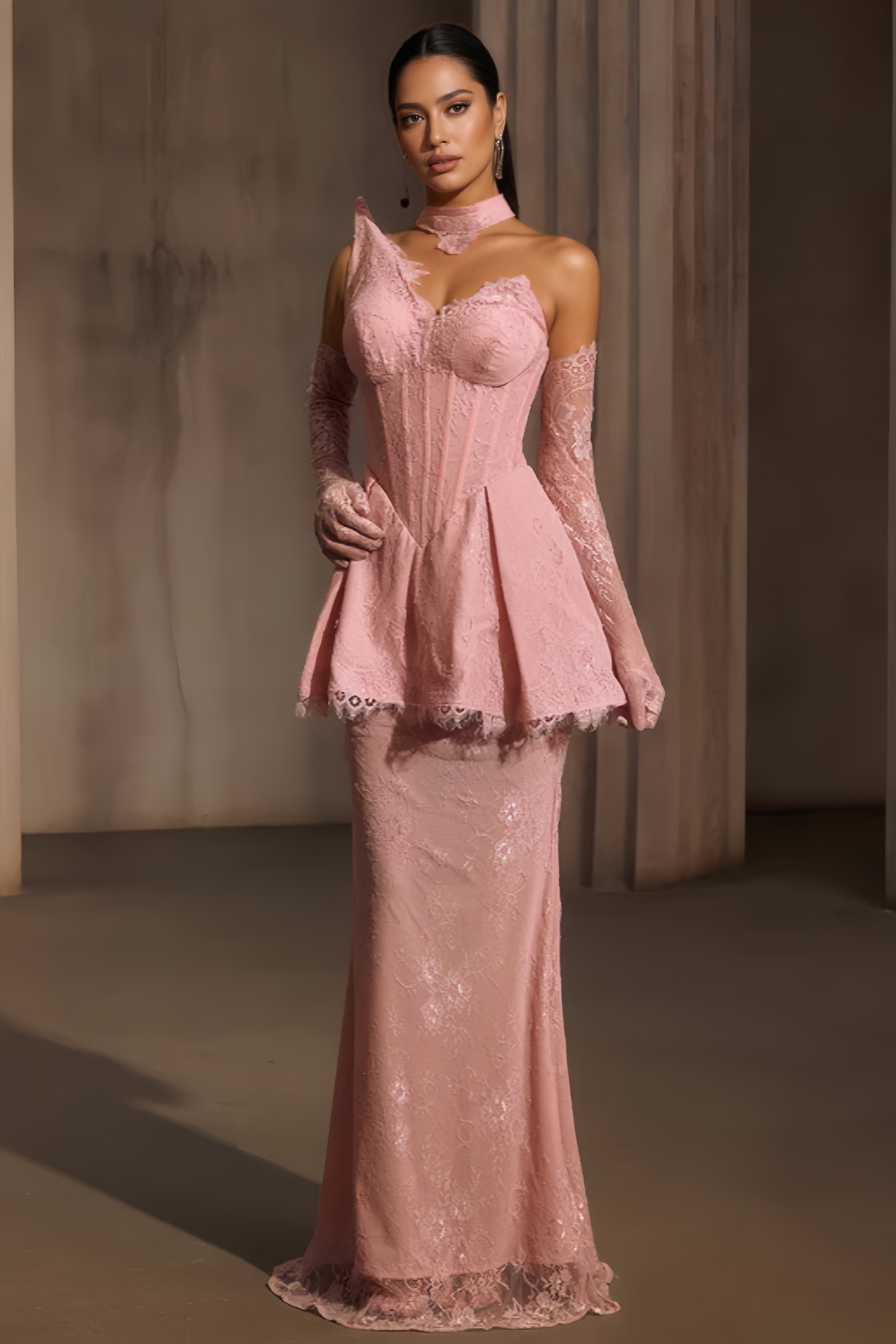 Thonse Pink Mesh Lace Maxi Dress 
