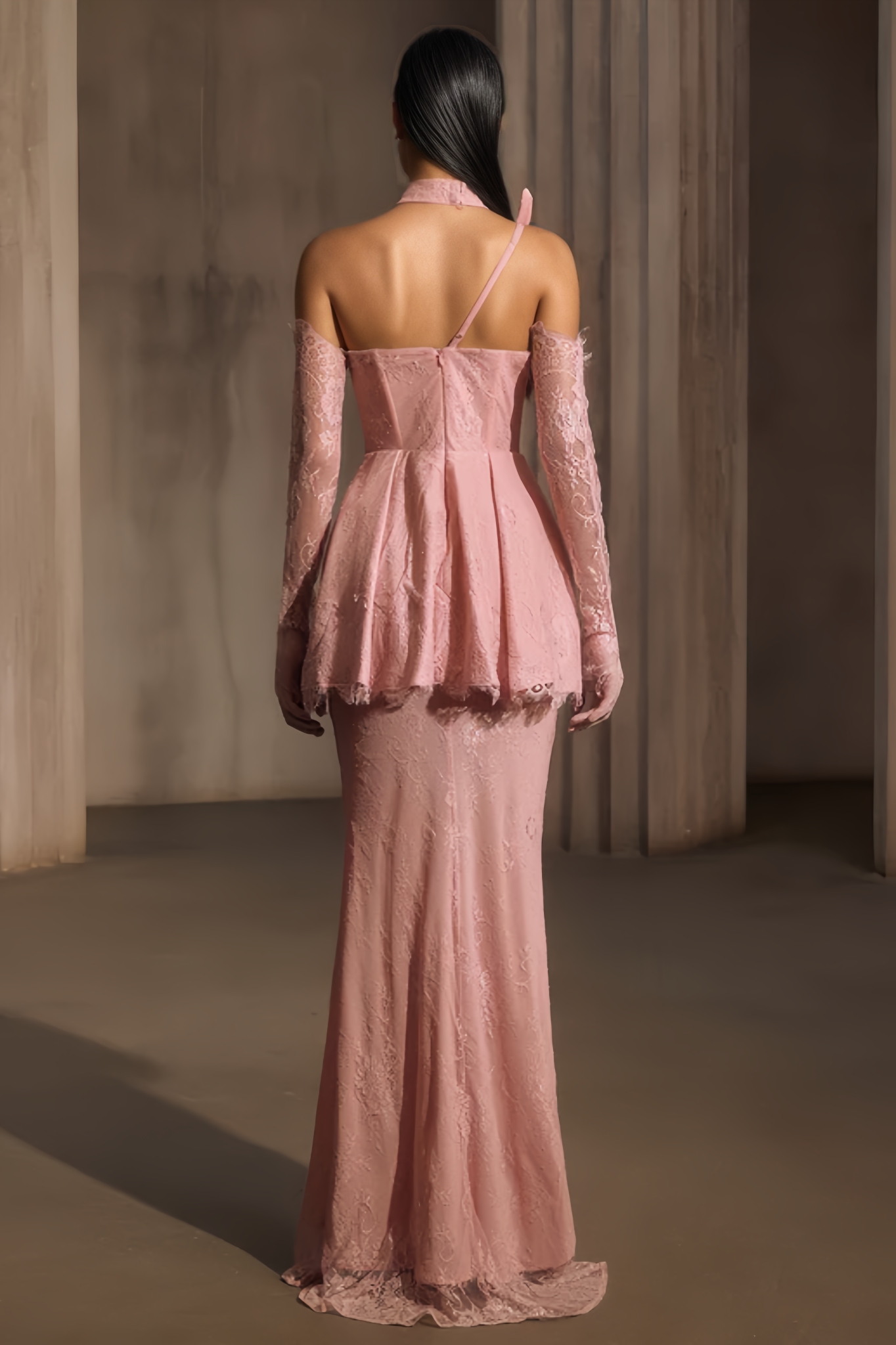 Thonse Pink Mesh Lace Maxi Dress 