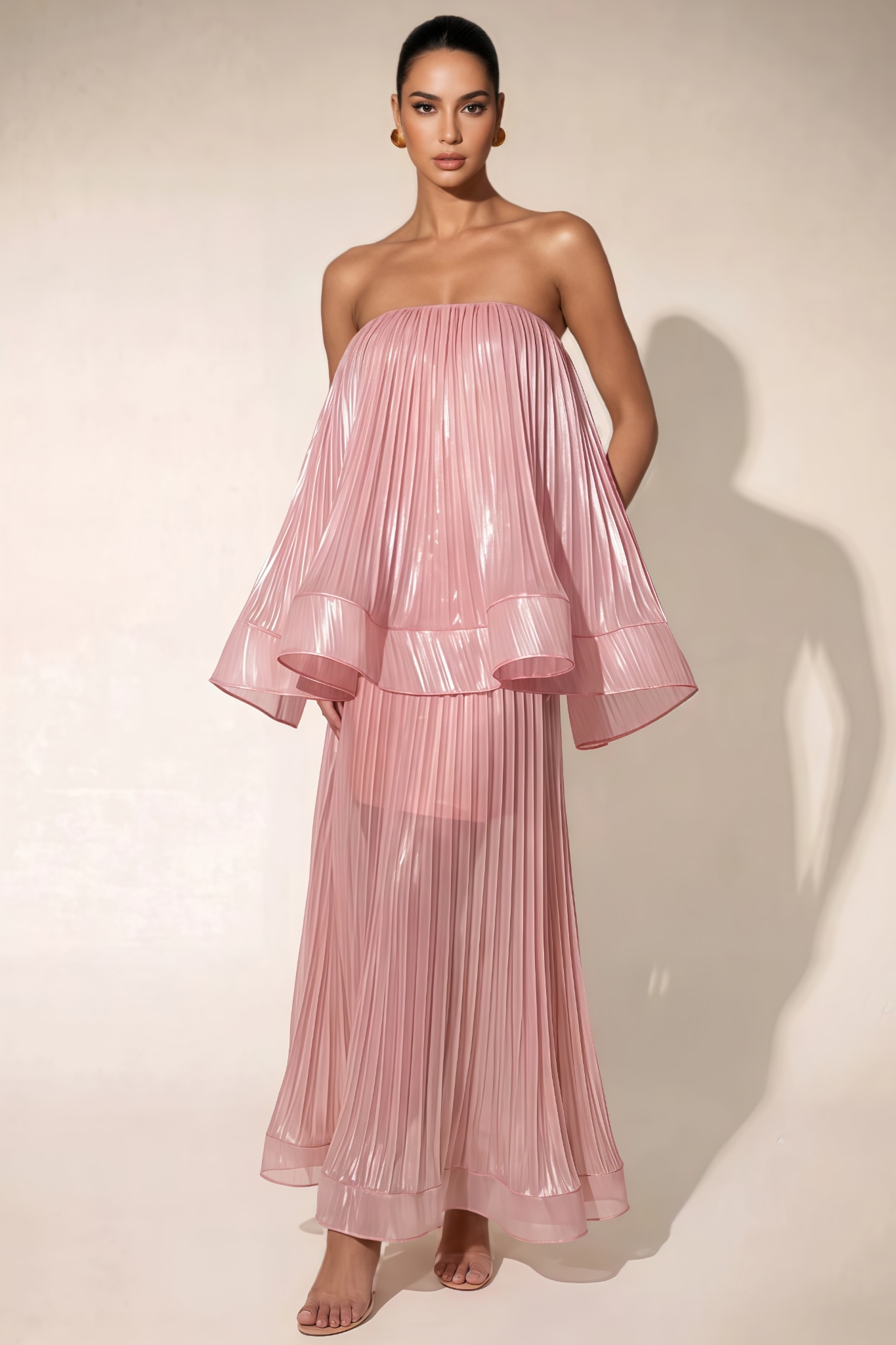 Jemma Pink Strapless Pleated Maxi Dress Set