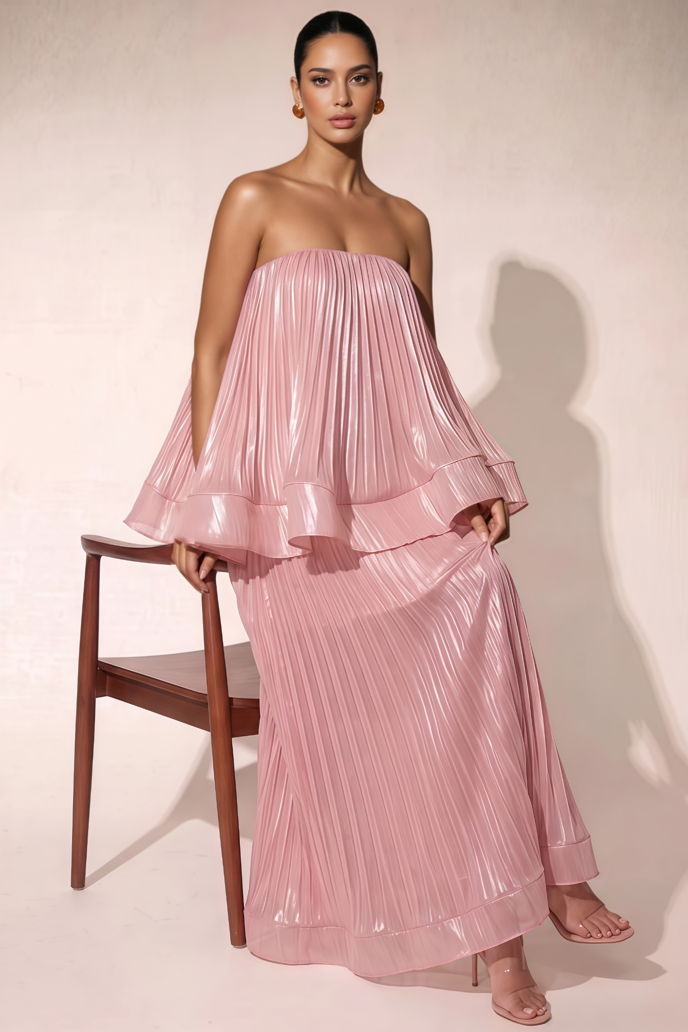 Jemma Pink Strapless Pleated Maxi Dress Set