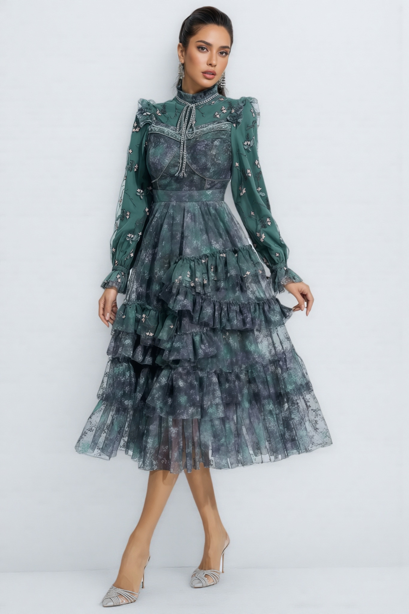 Fagaro Green Floral Mesh Midi Dress
