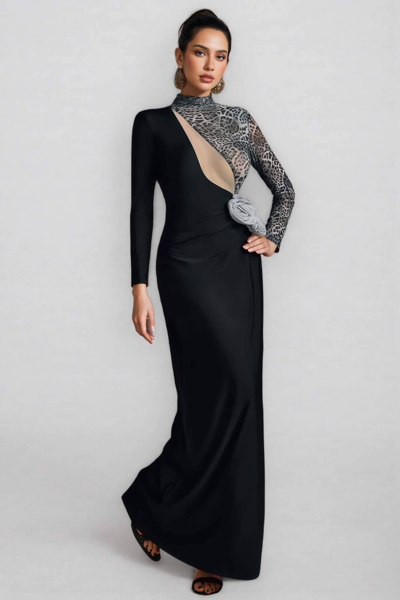 Gryixel Long Sleeve Leopard Flower Maxi Dress