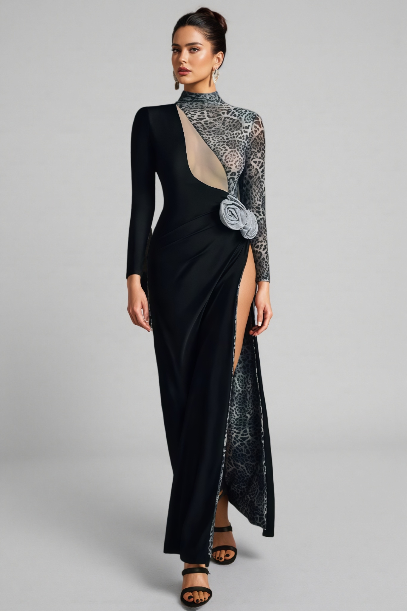 Gryixel Long Sleeve Leopard Flower Maxi Dress