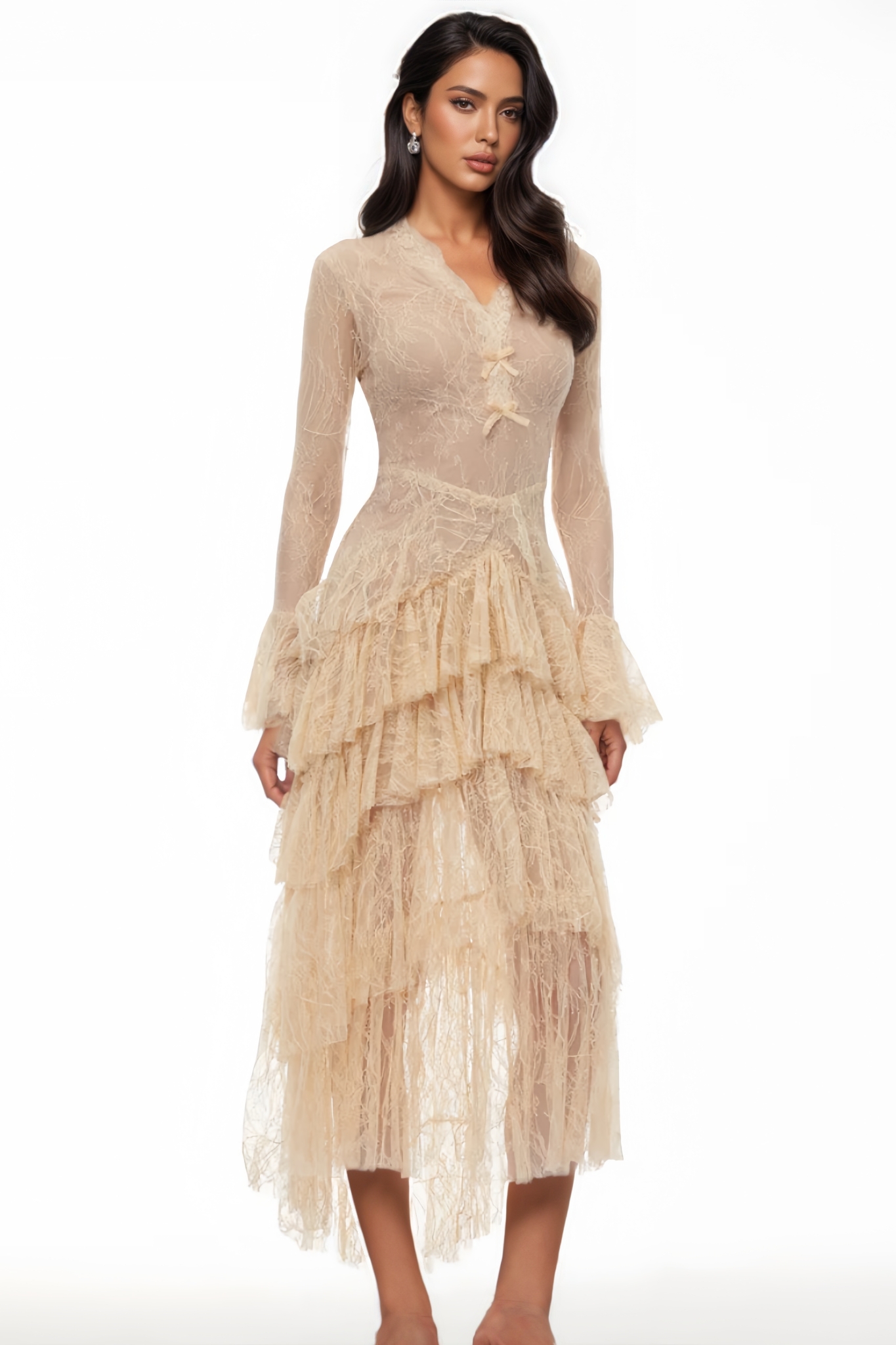 Alovin Beige Lace Tiered Maxi Dress