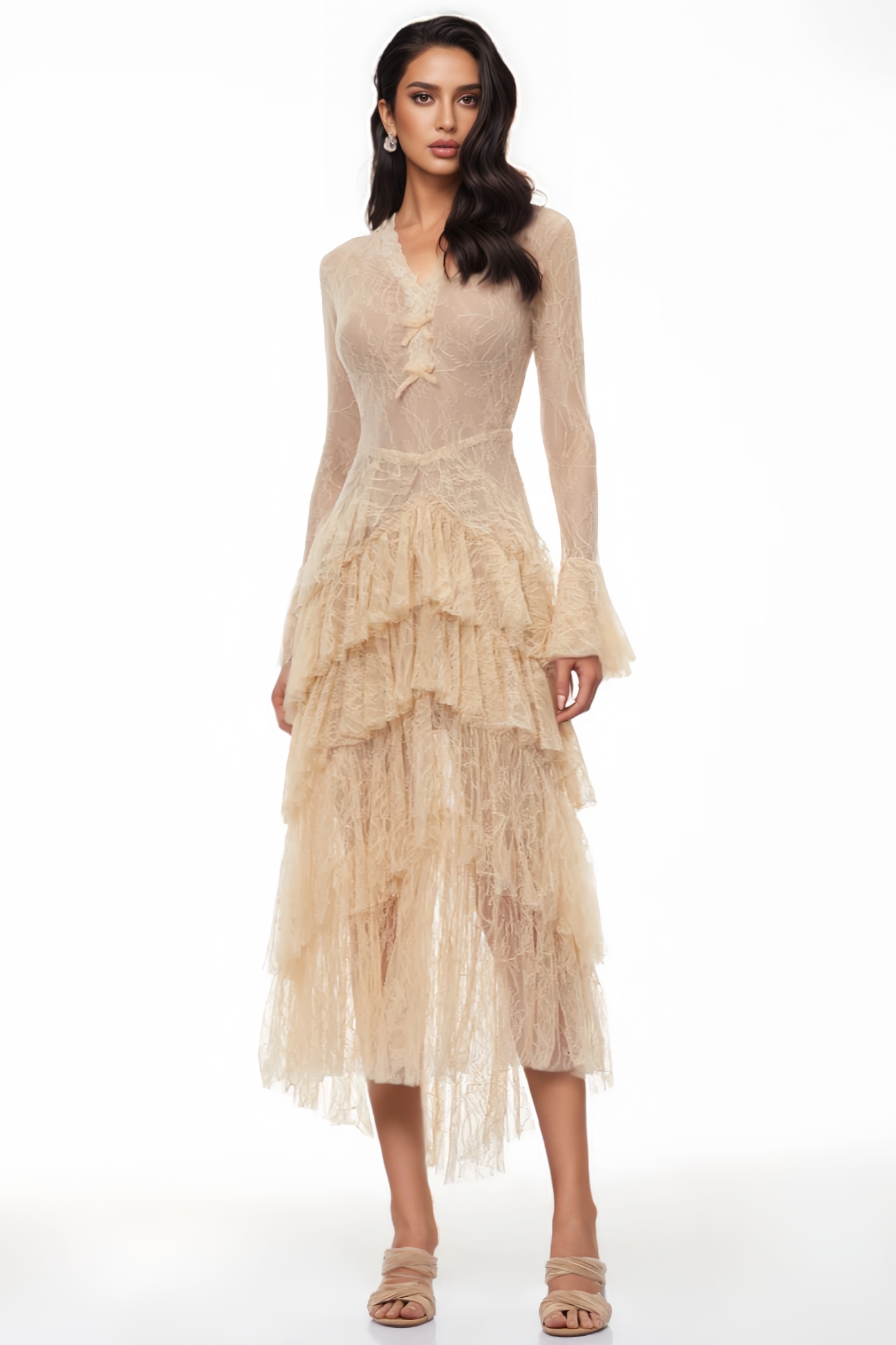 Alovin Beige Lace Tiered Maxi Dress