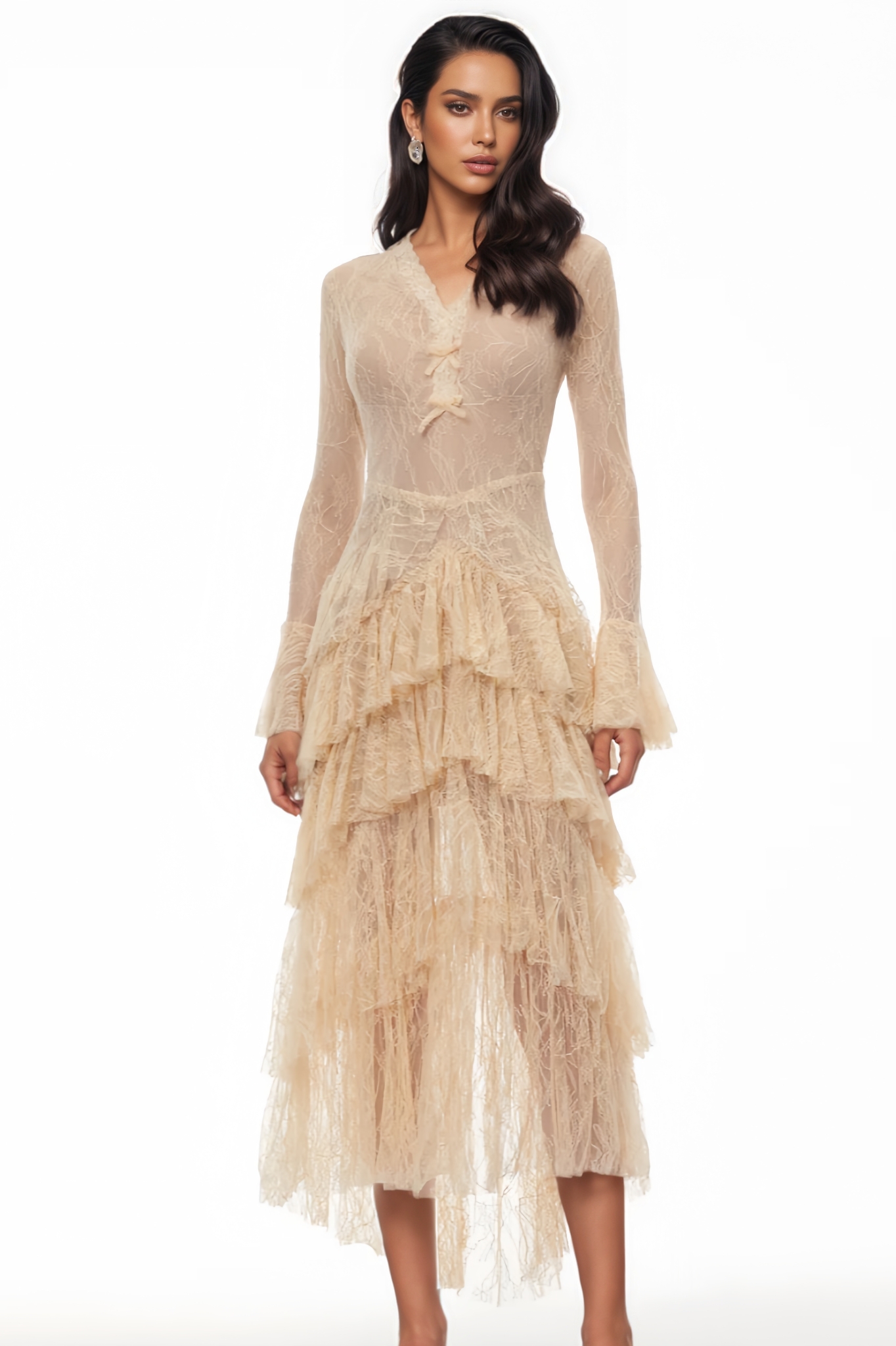Alovin Beige Lace Tiered Maxi Dress