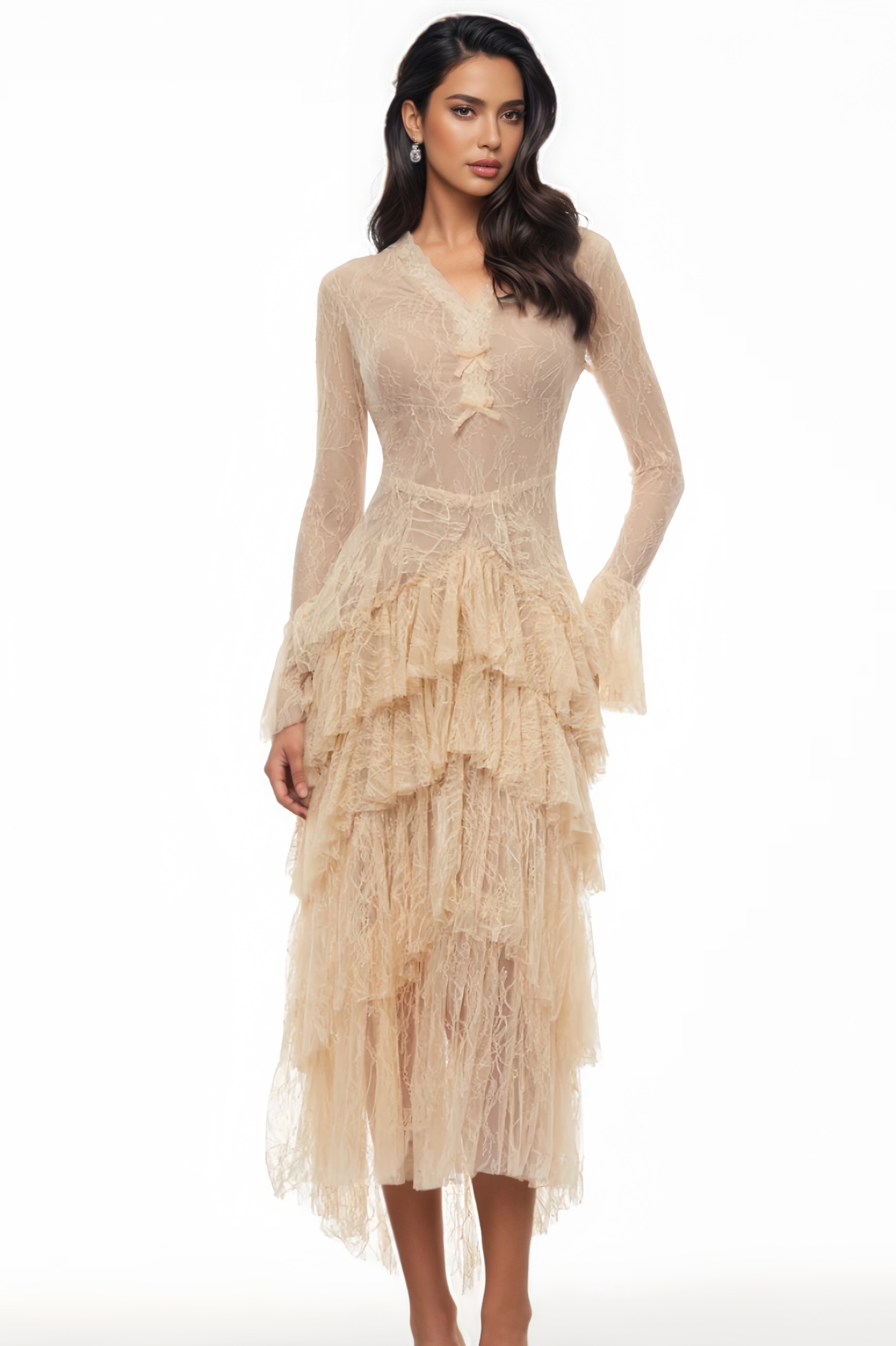 Alovin Beige Lace Tiered Maxi Dress