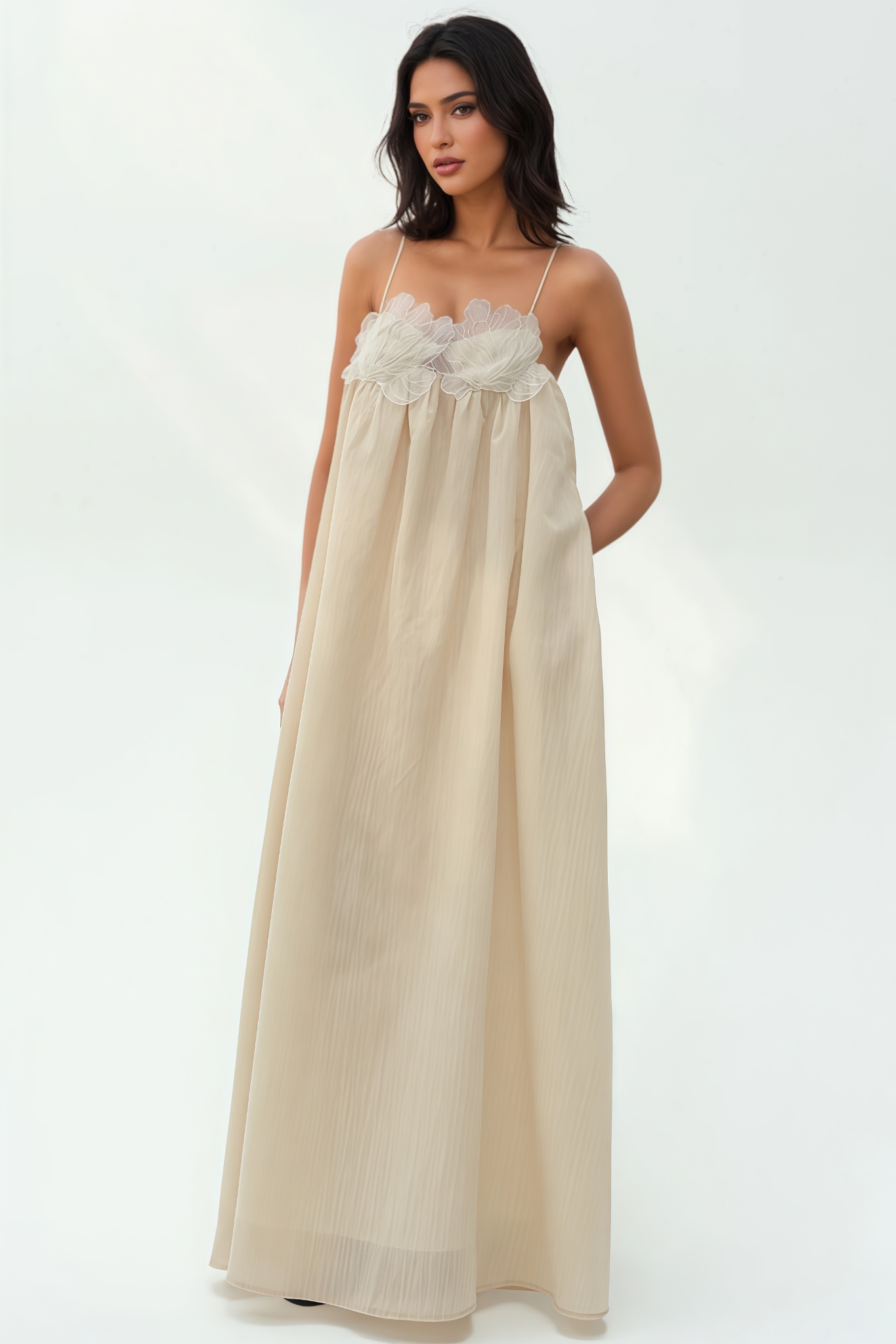 Nalert Khaki Sleeveless Floral Maxi Dress