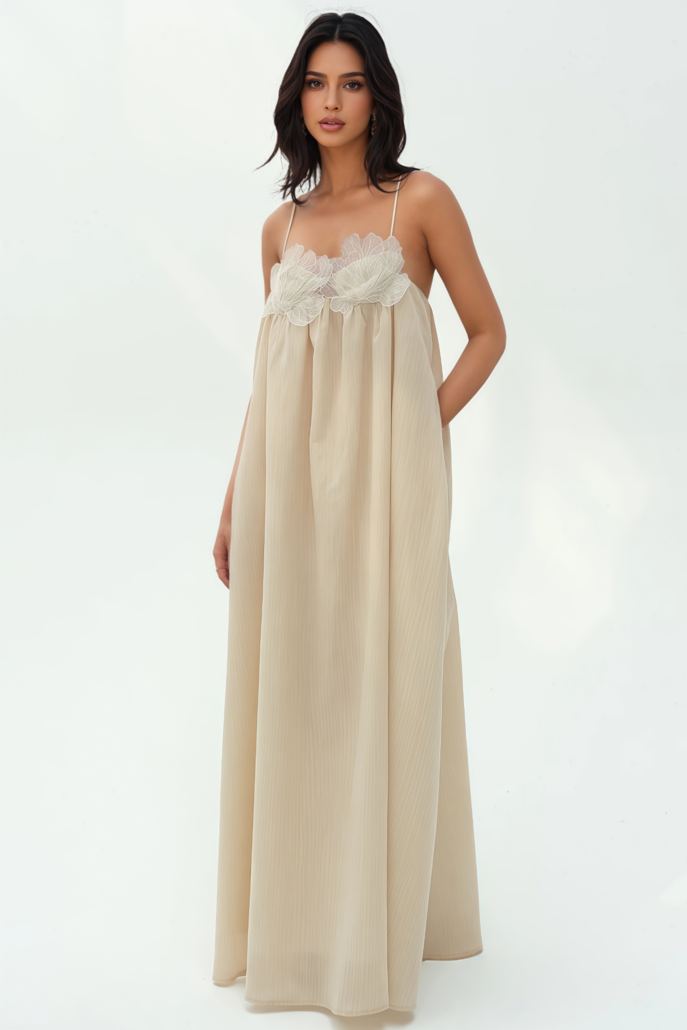 Nalert Khaki Sleeveless Floral Maxi Dress