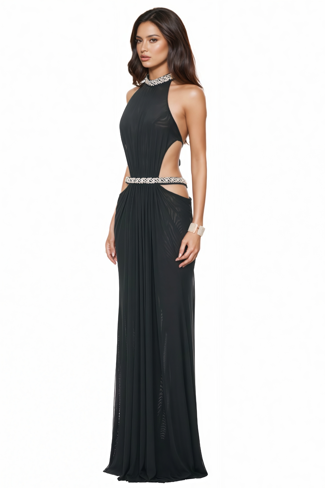 Roran Black Rhinestone Backless Maxi Dress