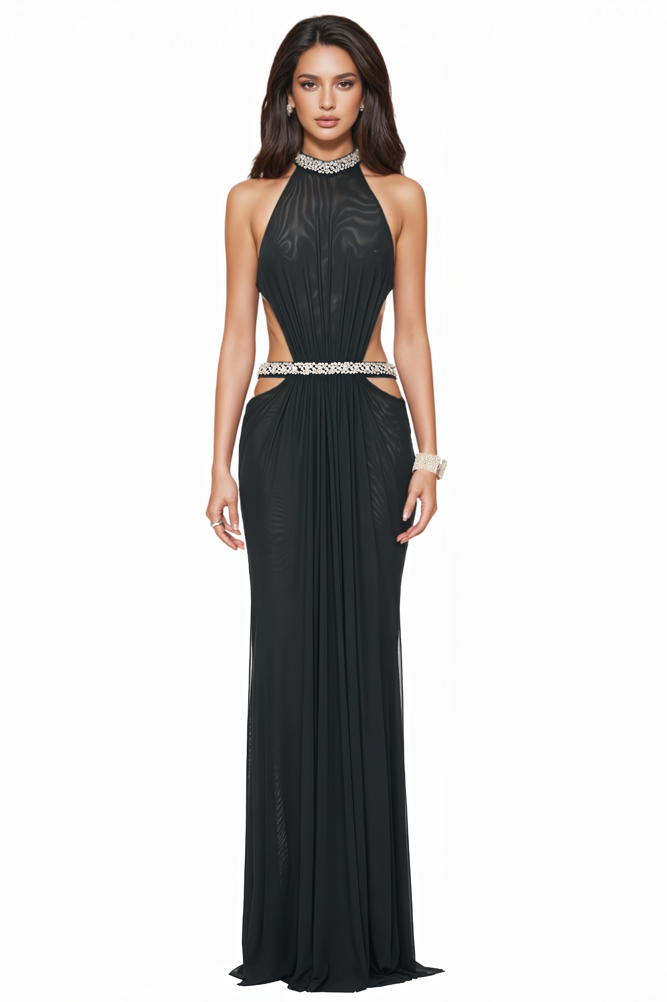Roran Black Rhinestone Backless Maxi Dress