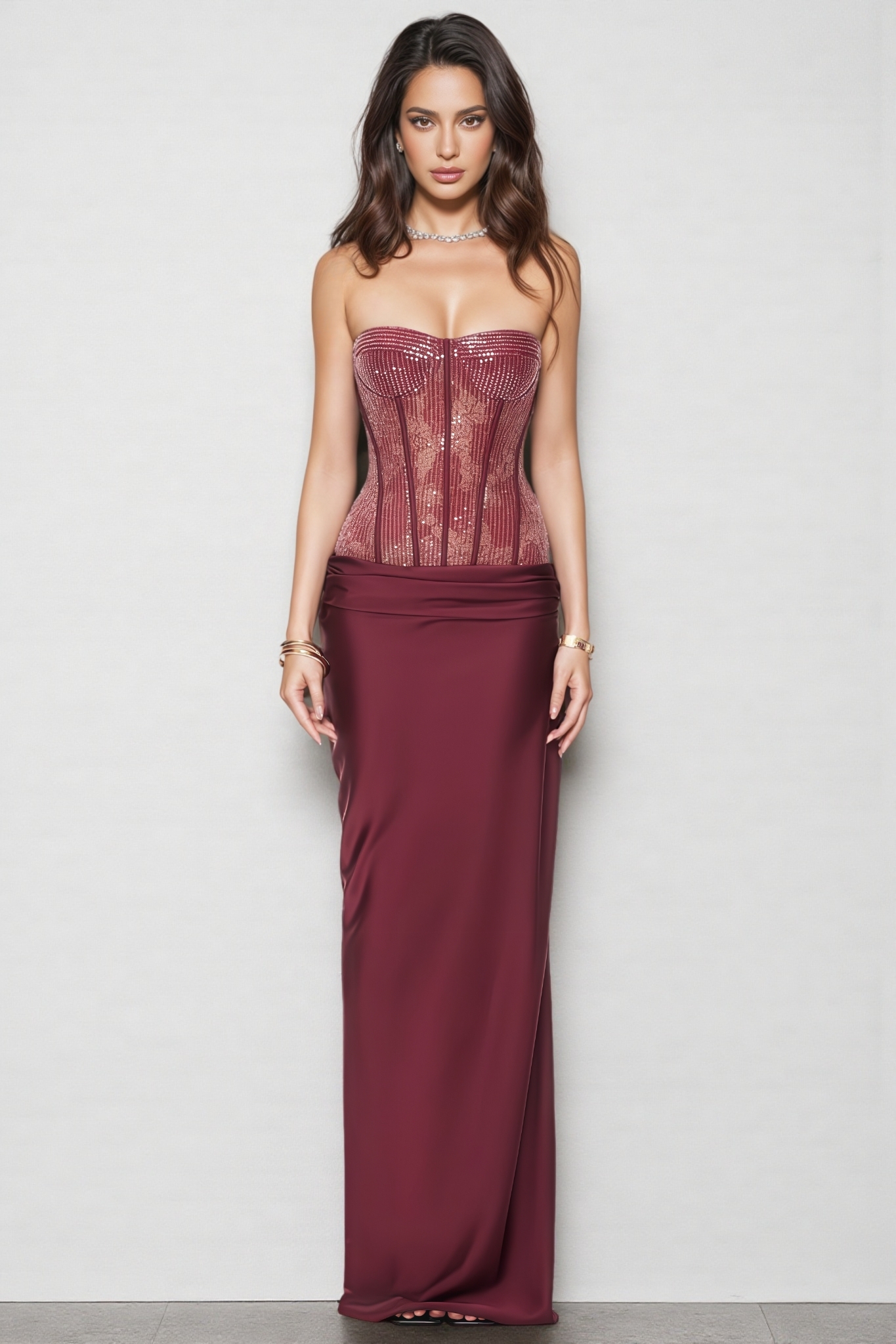 Thraot Red Strapless Lace Maxi Dress