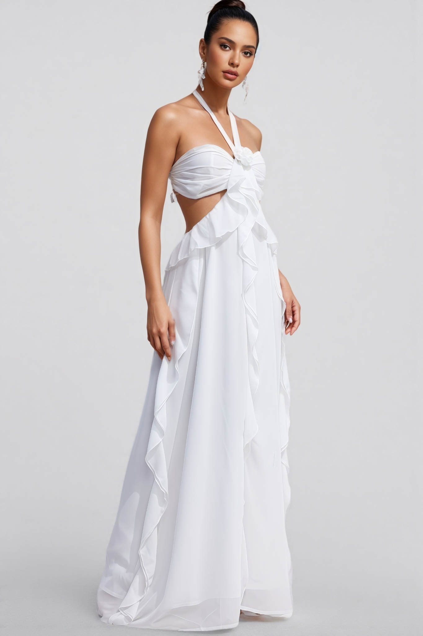 Erika Halter Cut-Out Ruffle Maxi Dress